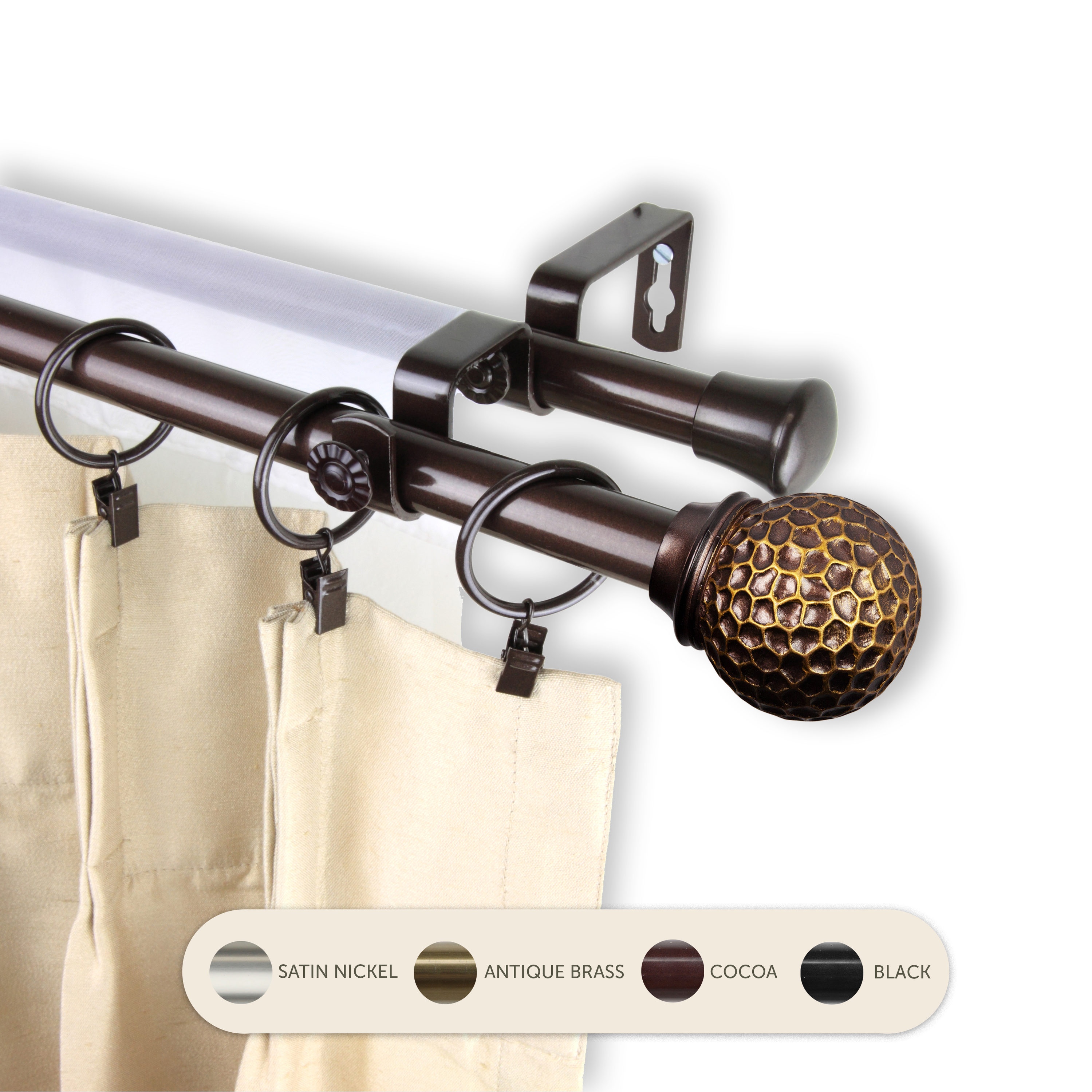 Hart & Harlow L-4785-667 Colin 13/16-in 66-in to 120-in Cocoa Steel Double curtain rod with Finials