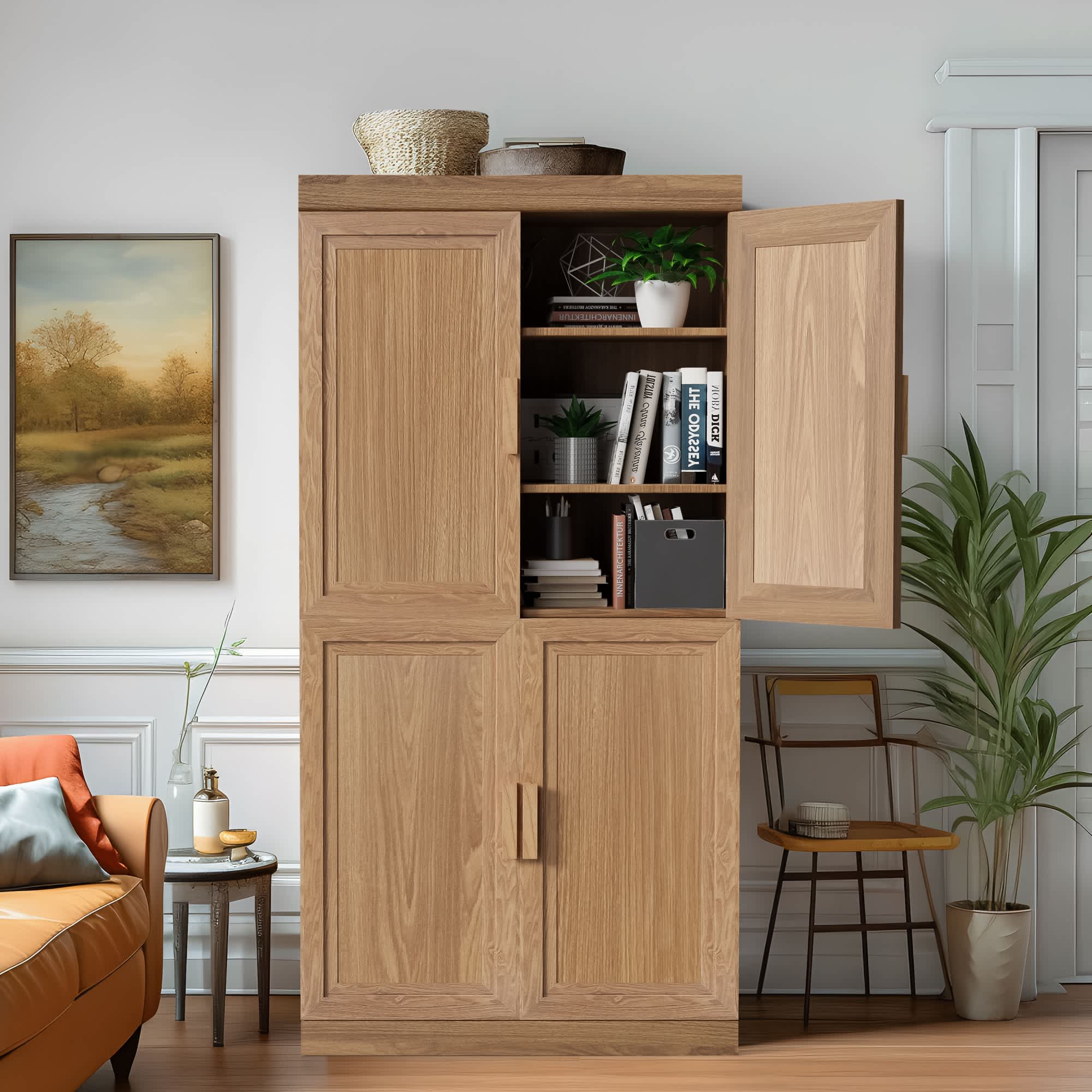 Aveyas Modern Wooden Storage Cabinet   6 Tier Organizer with Four Doors