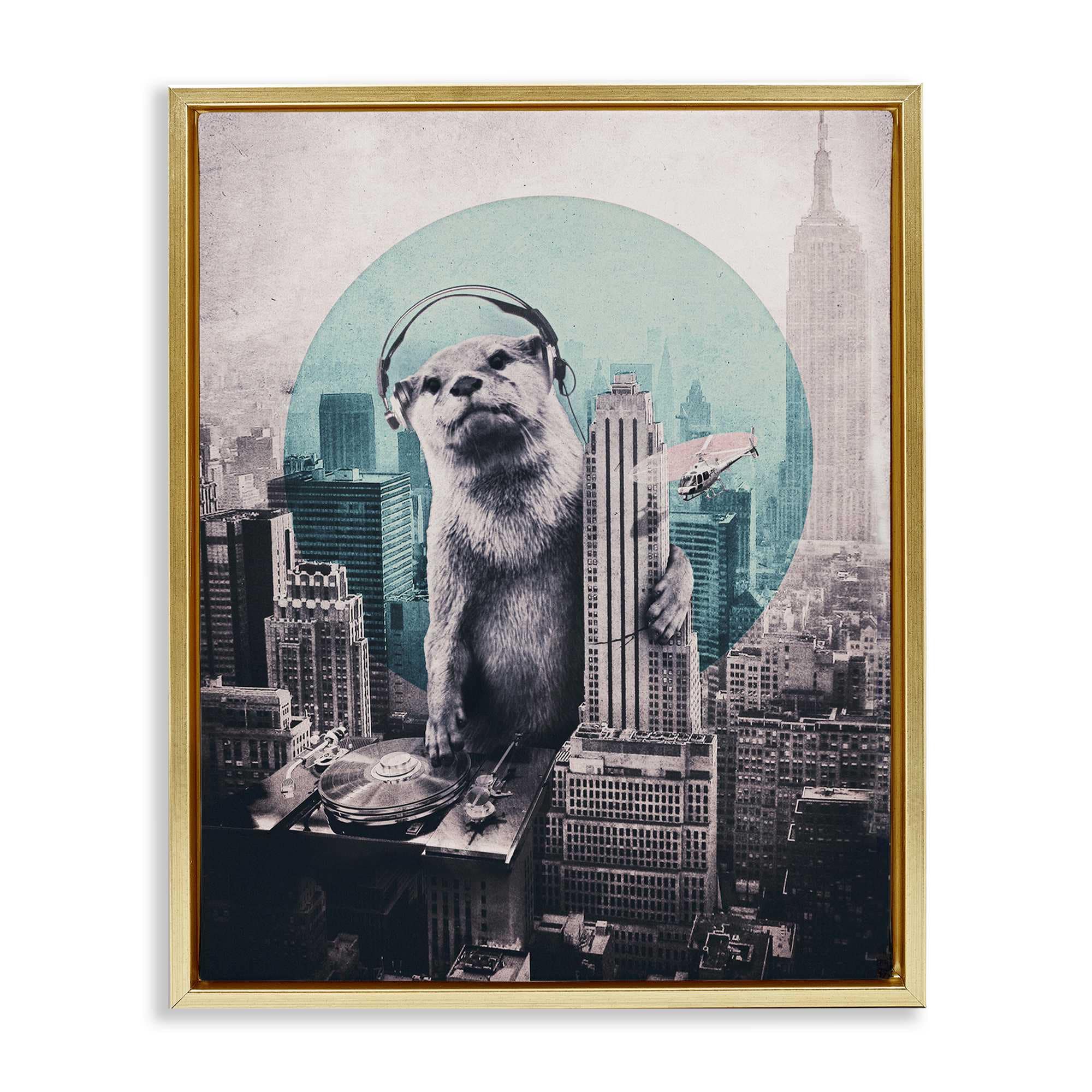 Stupell Industries BT-279-FFG-16X20 DJ Otter over Cityscape Gold Framed Floater Canvas Wall Art By Ali Gulec 17 x 21