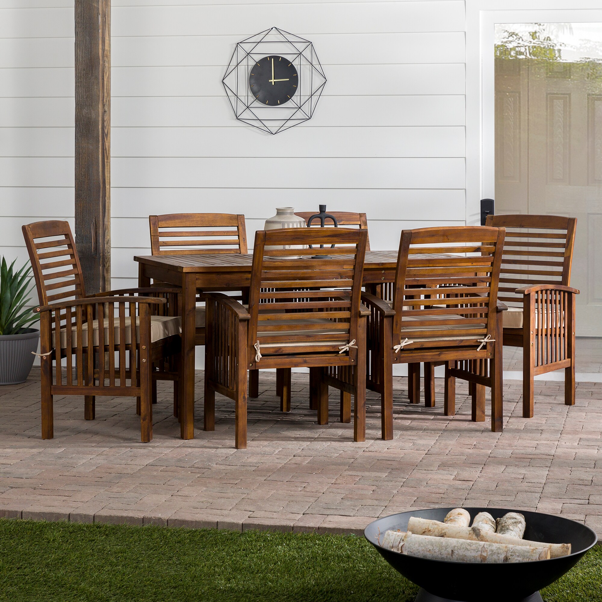 Walker Edison LWW7SDTDB 7 -Piece Dark Brown Patio Dining Set Wood Rectangle Table with 6 Tan Cushions Stationary Chairs