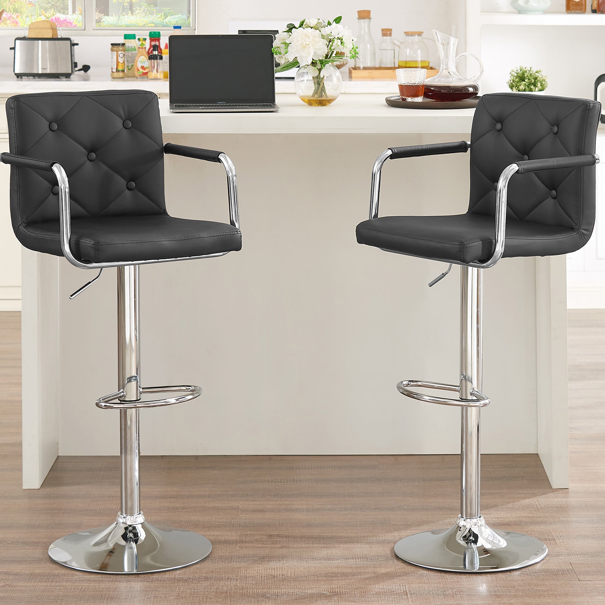 Vecelo LOE-C07-BLK 2 Pack Adjustable Swivel PU Leather Square Bar Stools Counter Height Swivel Stool Armless Chairs