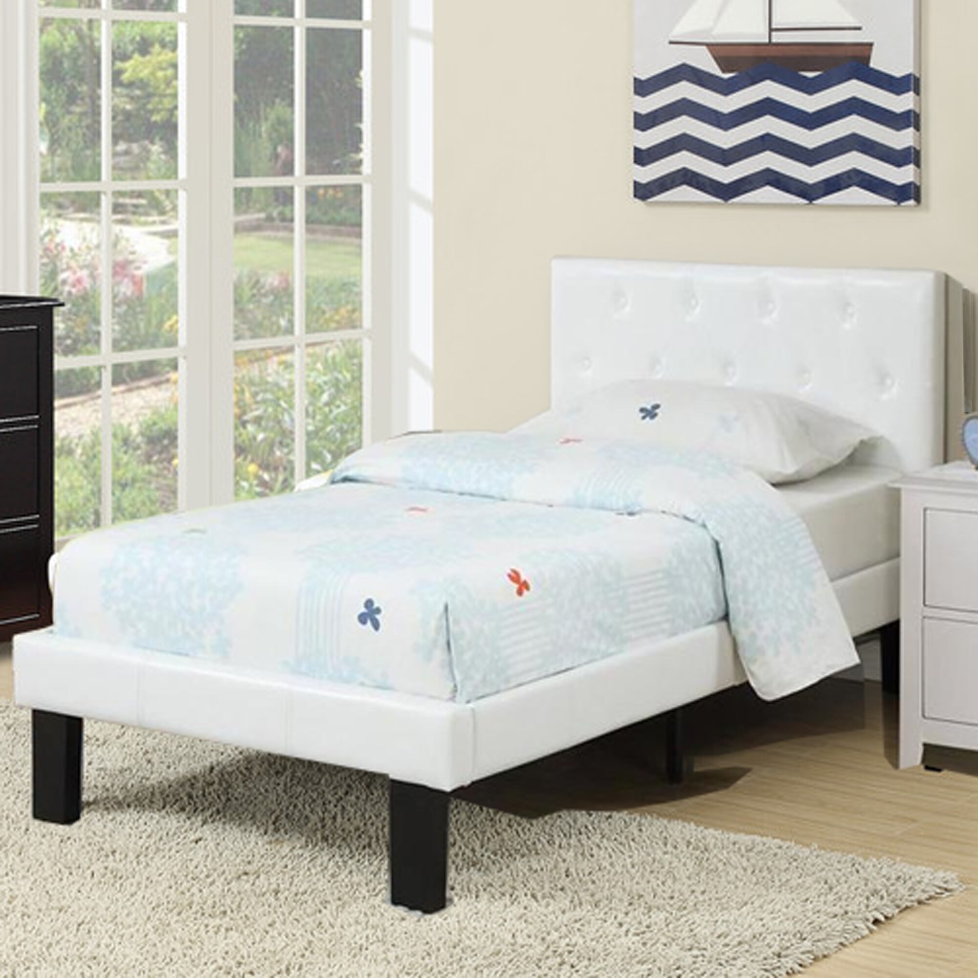 Benzara White Twin Bed Frame with Faux Leather Tufted Headboard in the ...