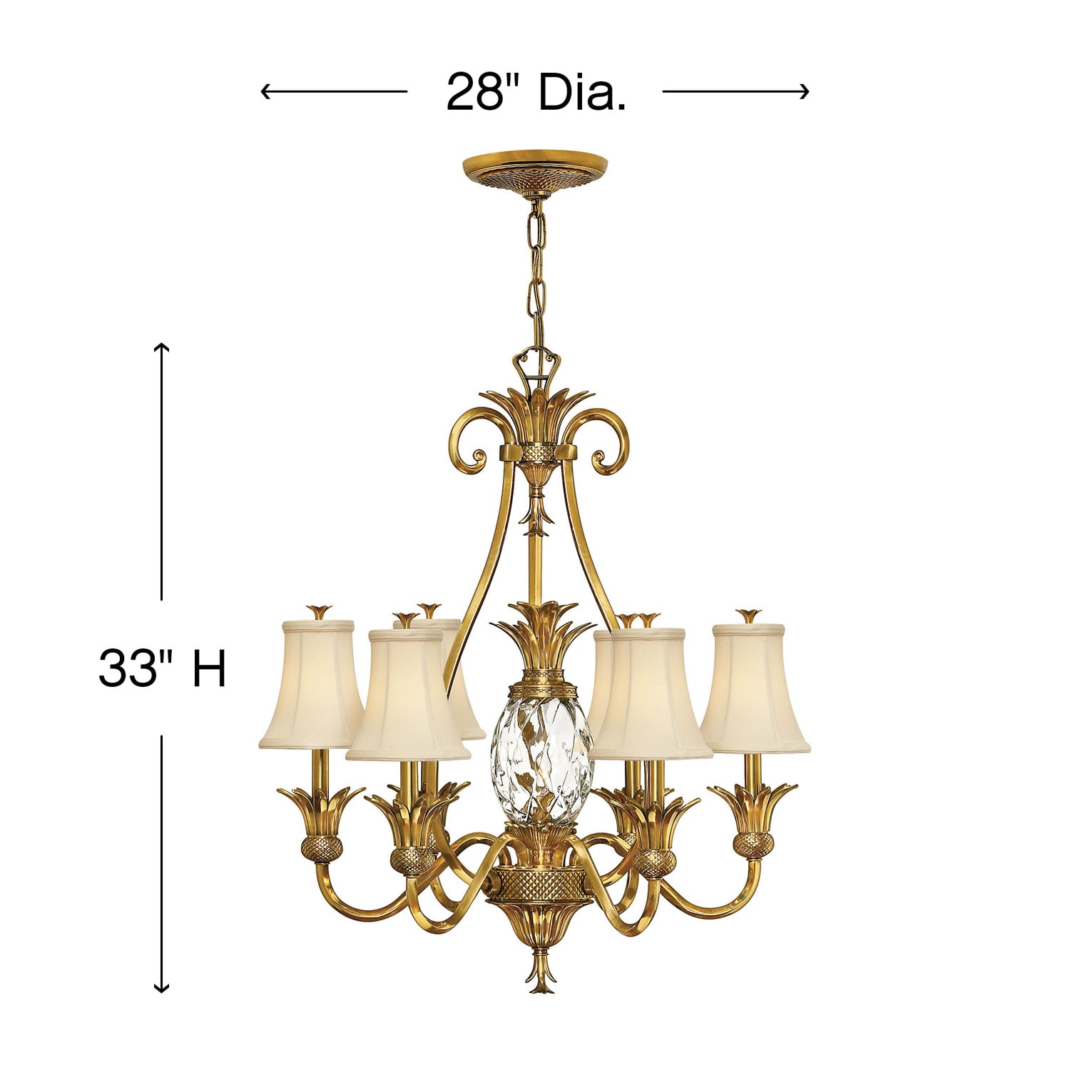 Elegant Burnished Brass 7-Light Chandelier with Ivory Silk Shades