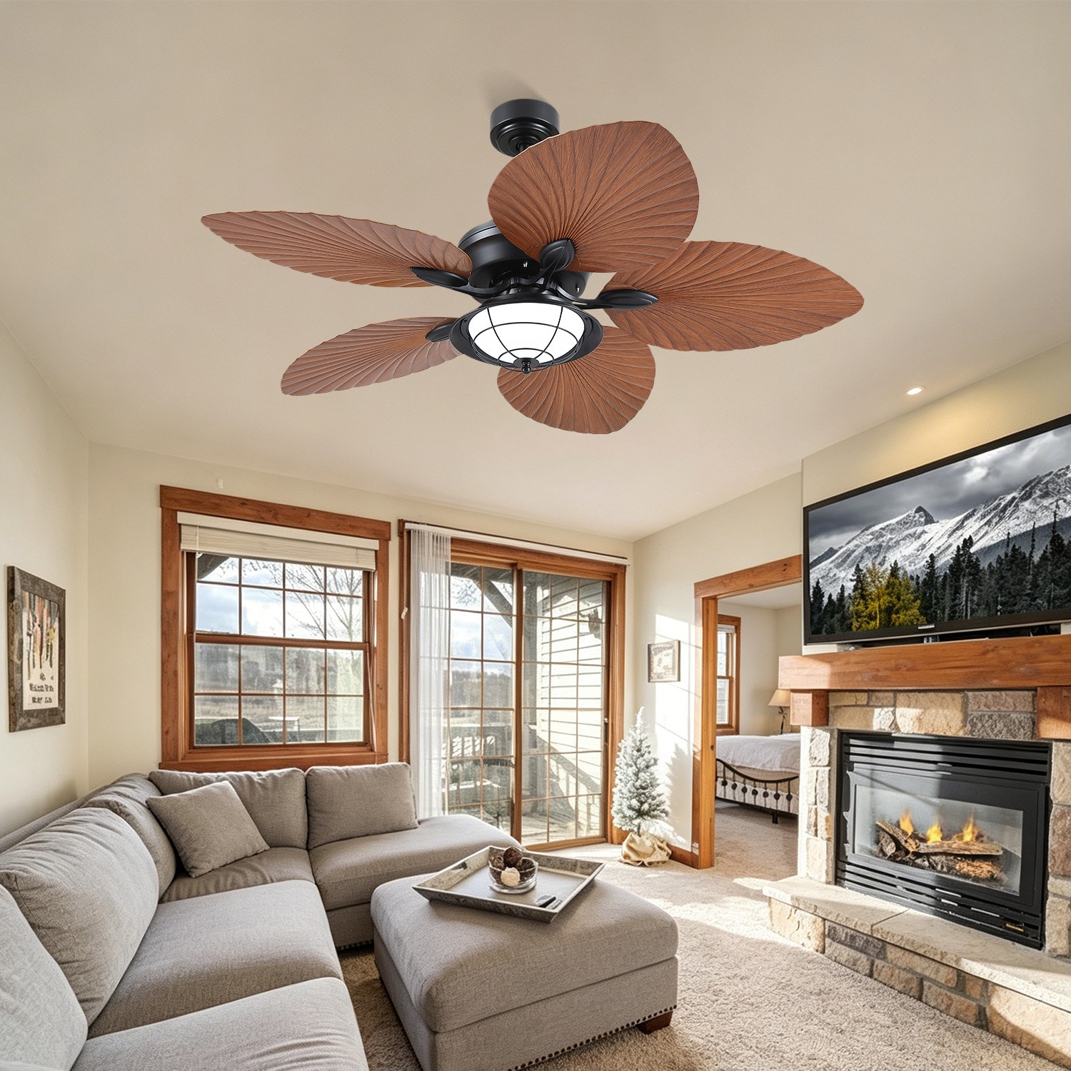 Kviflon - 52 in Wet Rated Tropical Ceiling Fan with Light Outdoor Palm Leaf Ceiling Fan Quiet Rev...