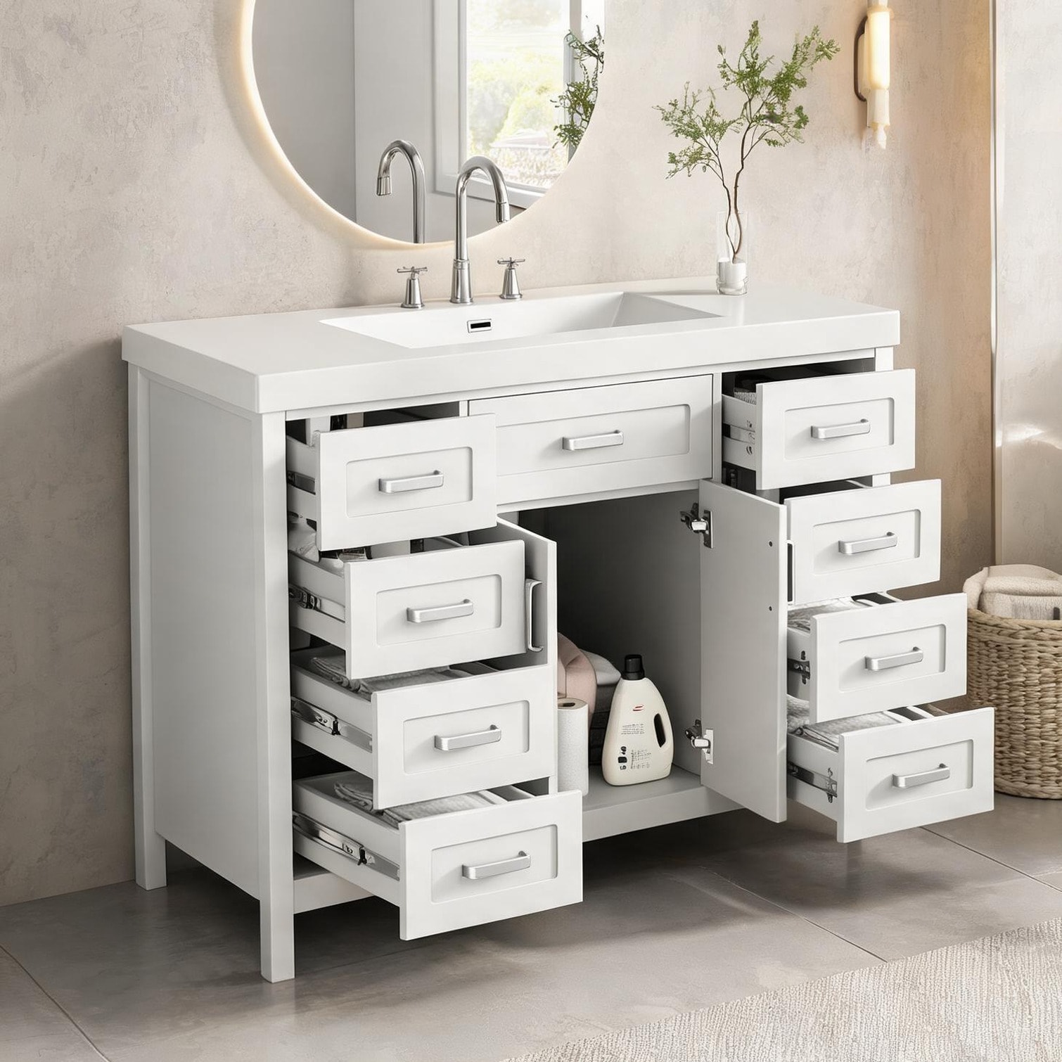 SunJet - Classic 48-Inch Bathroom Vanity with Integrated Resin Sink Soft-Close Doors and Drawers ...
