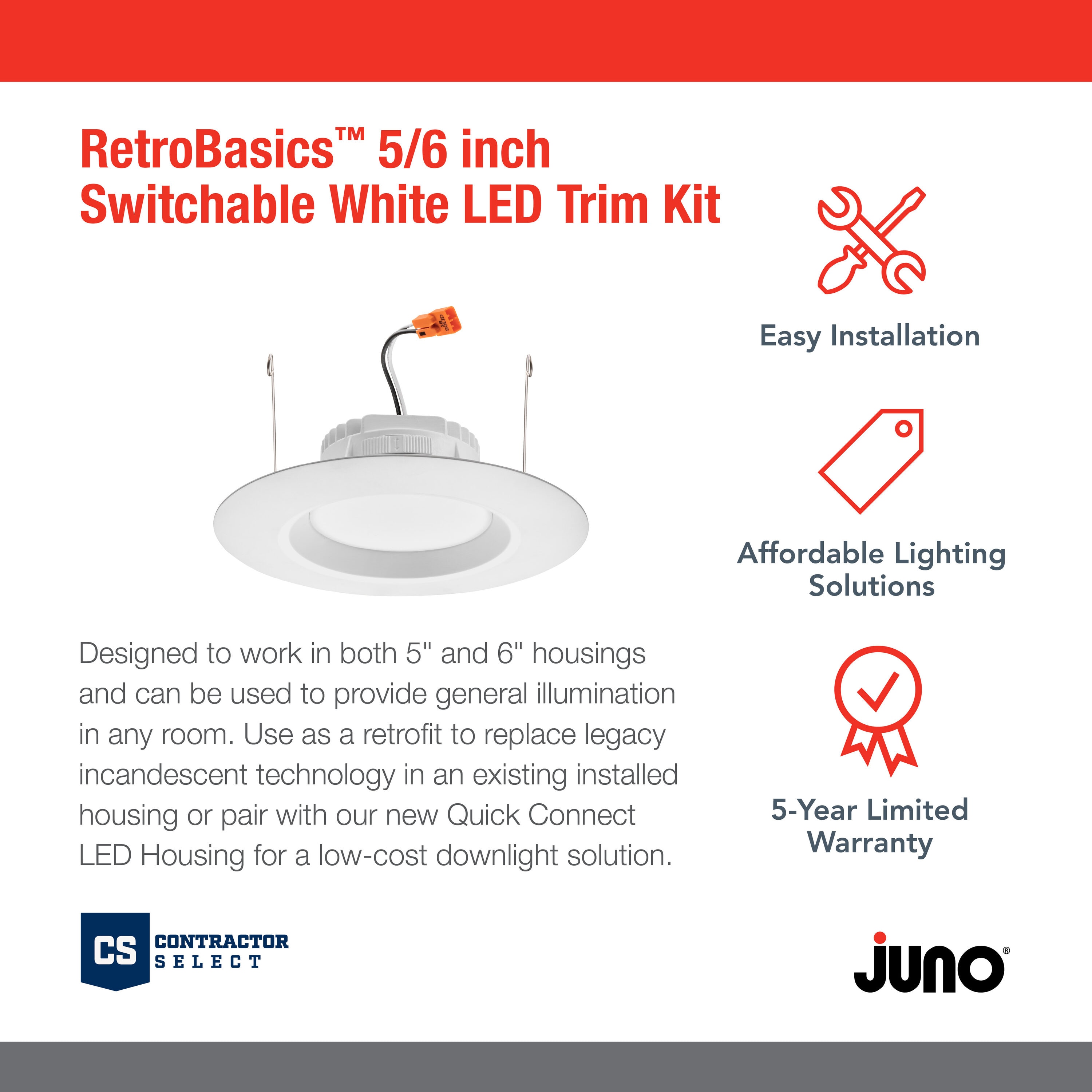 Juno RetroBasics Matte 5-in or 6-in 10.2-Lumen Switchable Round Dimmable LED  Recessed Downlight (6-Pack) in the Recessed Downlights department at 