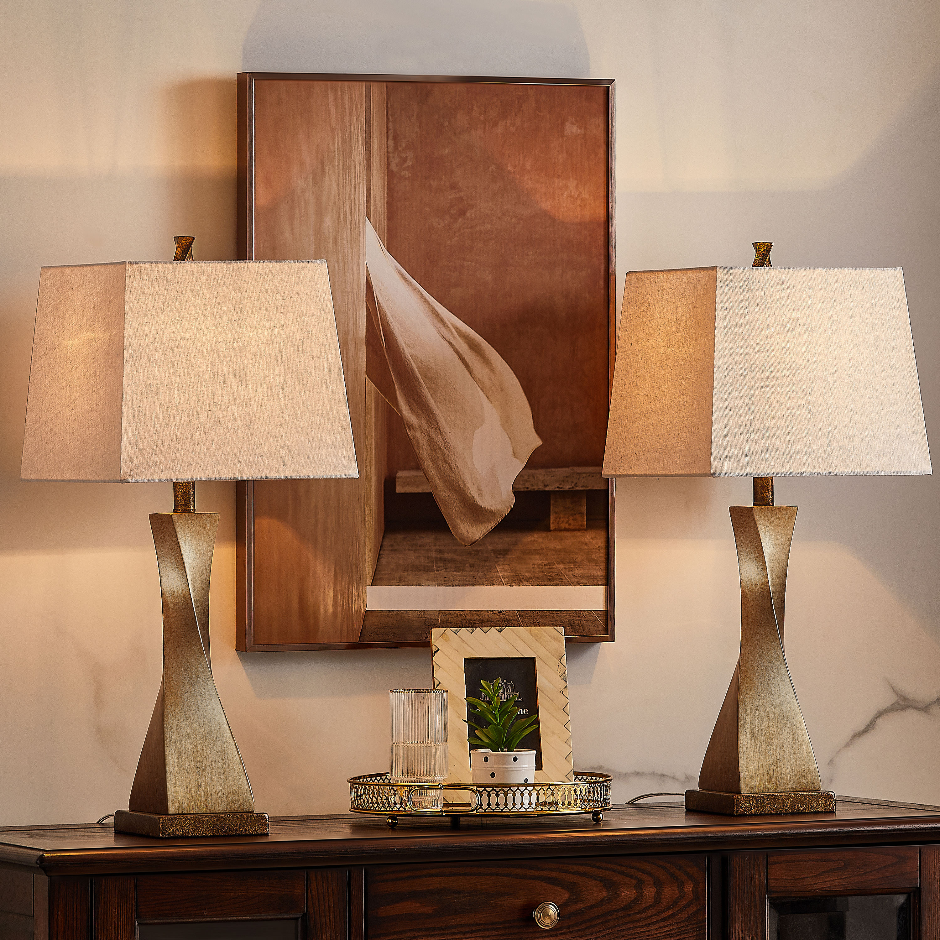 KAWOTI 21113 Shally 27-in Antique Gold 3-way Table Lamp with Linen Shade 2 -Set