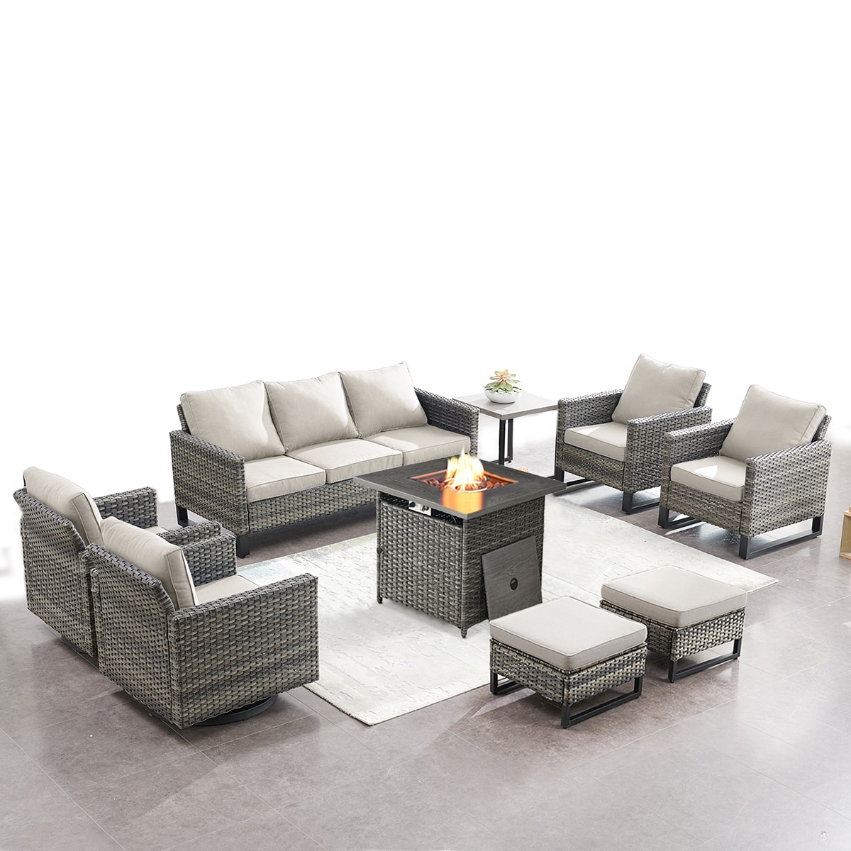 Rilyson FS062063069099070-2 9 -Piece Wicker Patio Sofa Conversation Set with Off-white Cushions