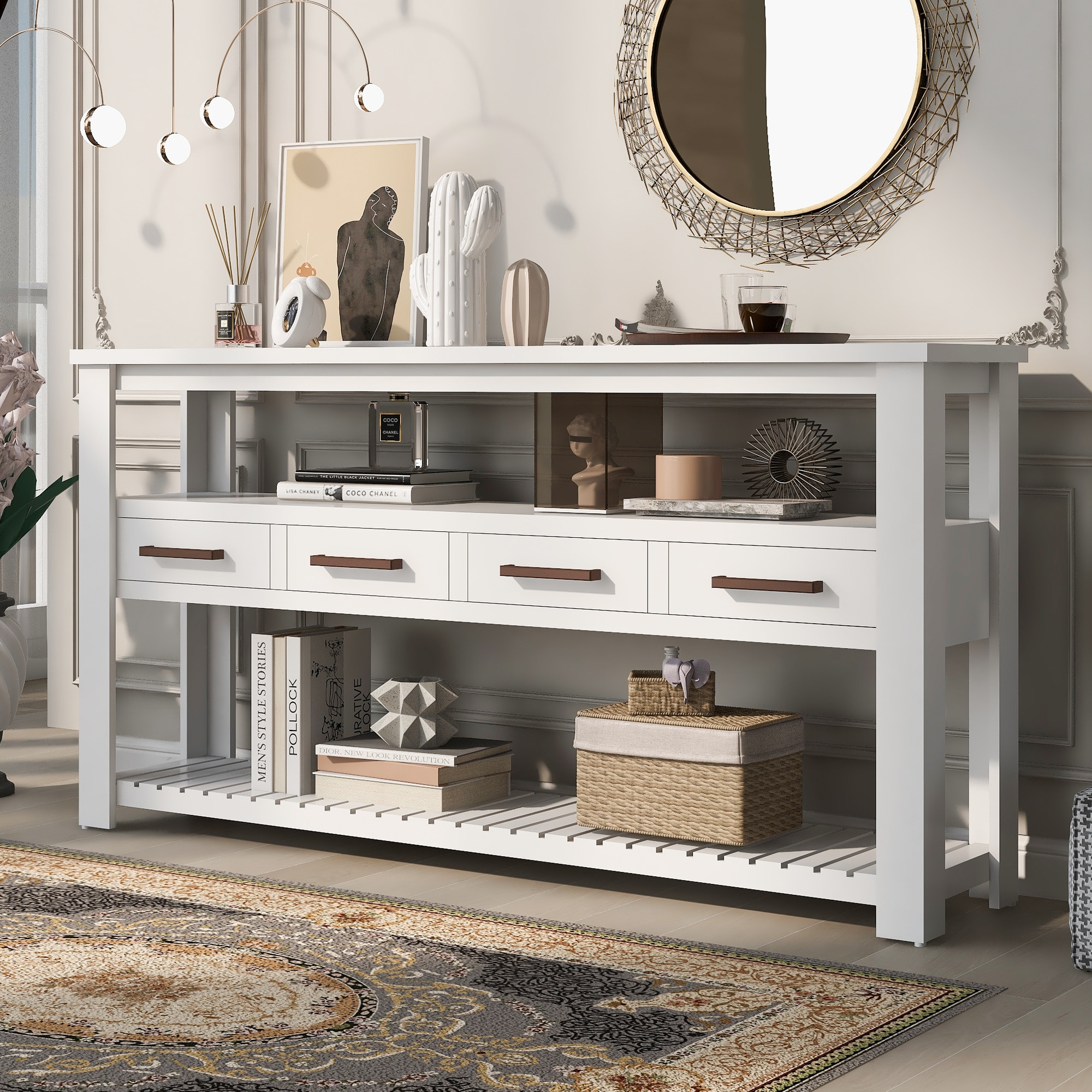 ModernLuxe N711P234484K 622inch Large Entryway Table with 4 DrawersPainted Console Table with 3Tier Open Shelves and Metal HandlesVersatile Hallway Sofa Table for Living Room Bedroom Foyer and Kitchen