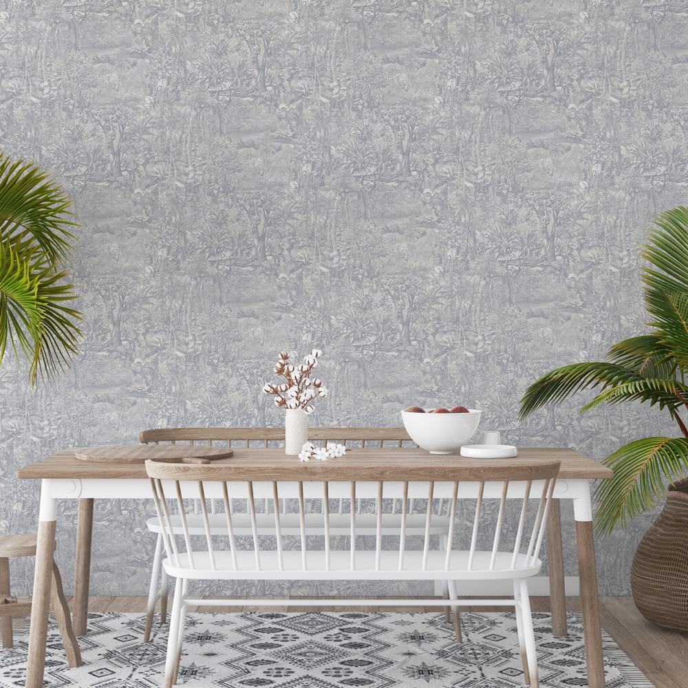 Cornflower Blue Vinyl Jungle Toile Peel and Stick Wallpaper Roll