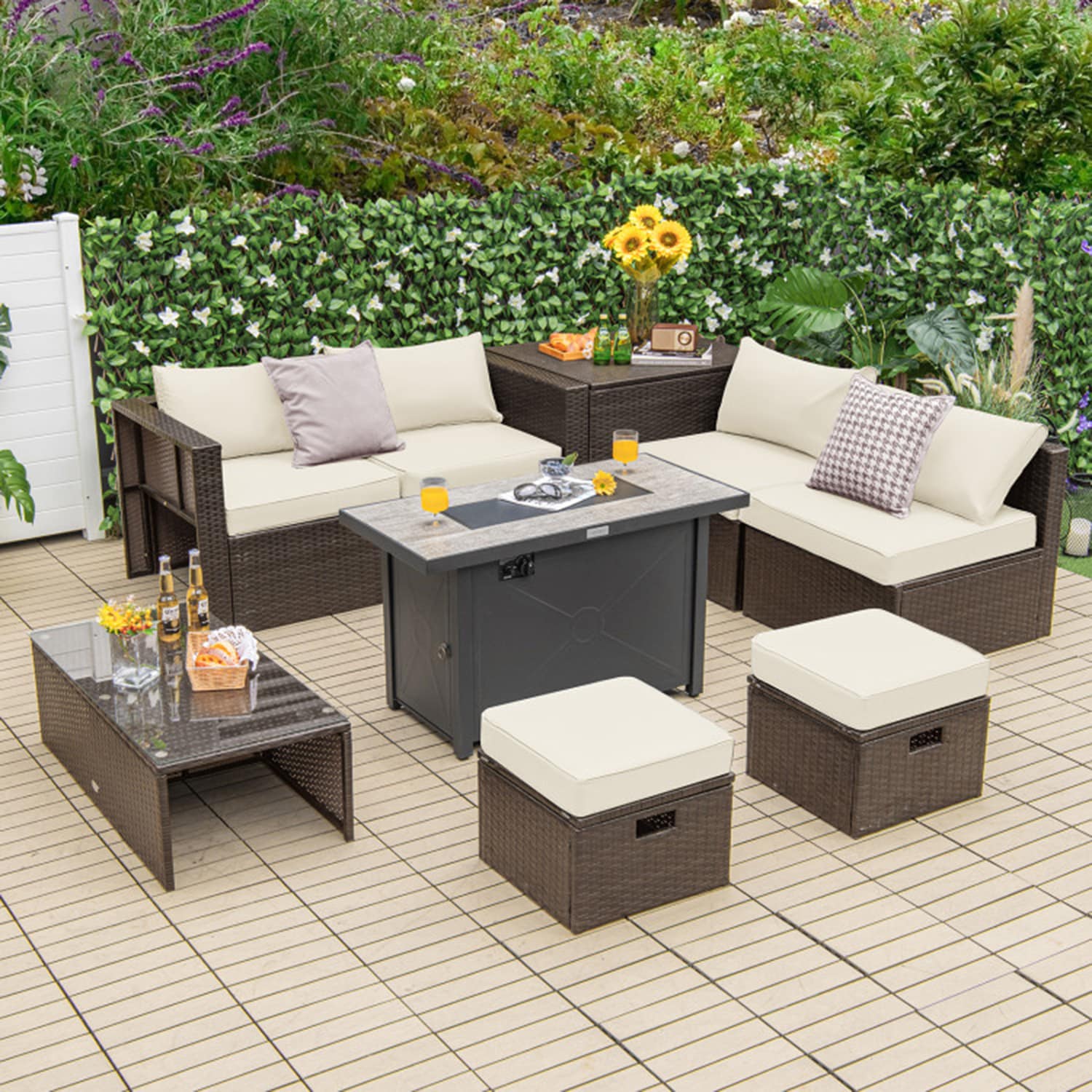 Dimakai DK-TOP-06AAK 5 -Piece Rattan Patio Conversation Set with White Cushions