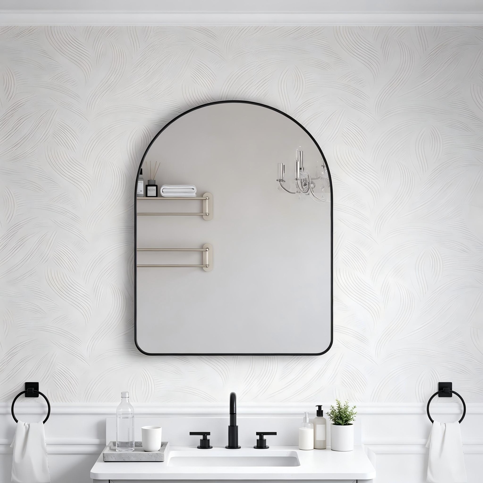 Gtnali - 28-in W x 36-in H Matte Black Arch Anodized Aluminum Framed Bathroom Vanity Mirror