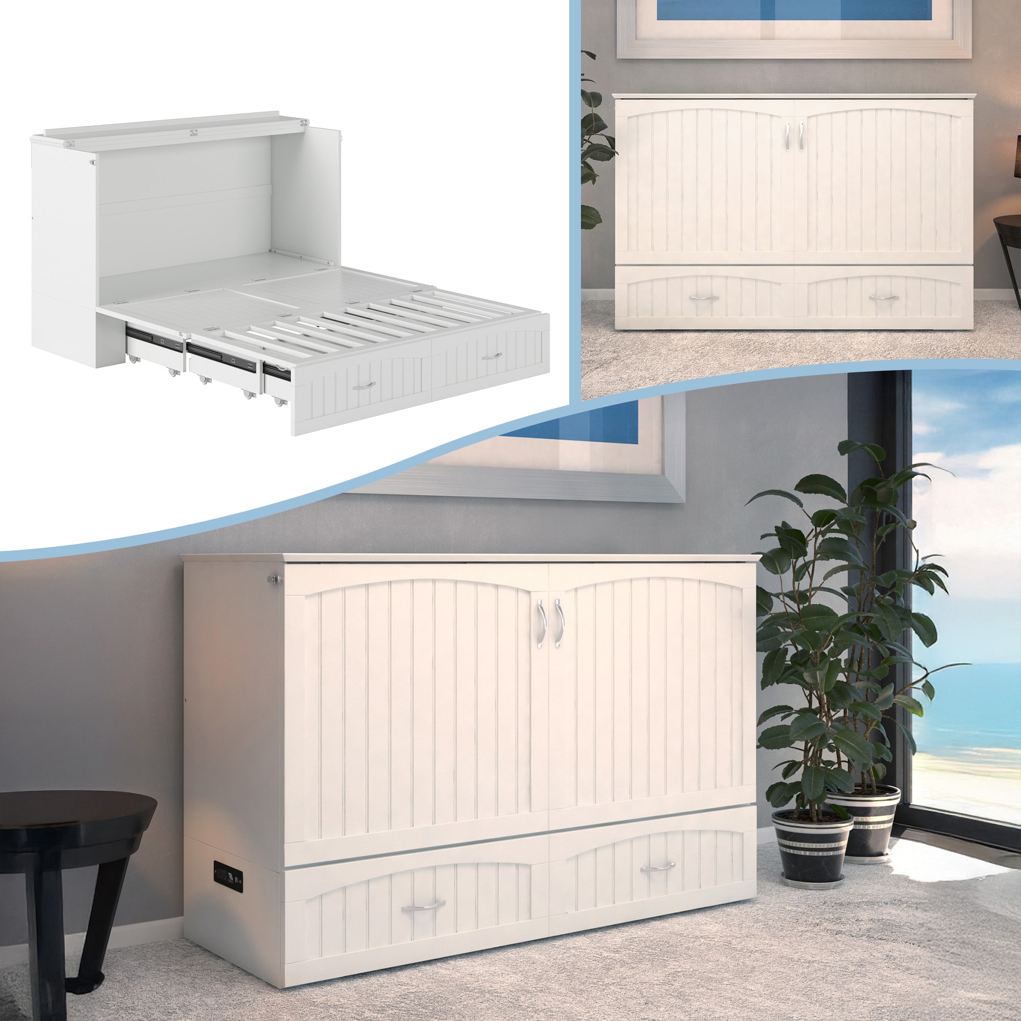 AFI AC614102 Elena No Mattress White Queen Wood Murphy Bed with Storage