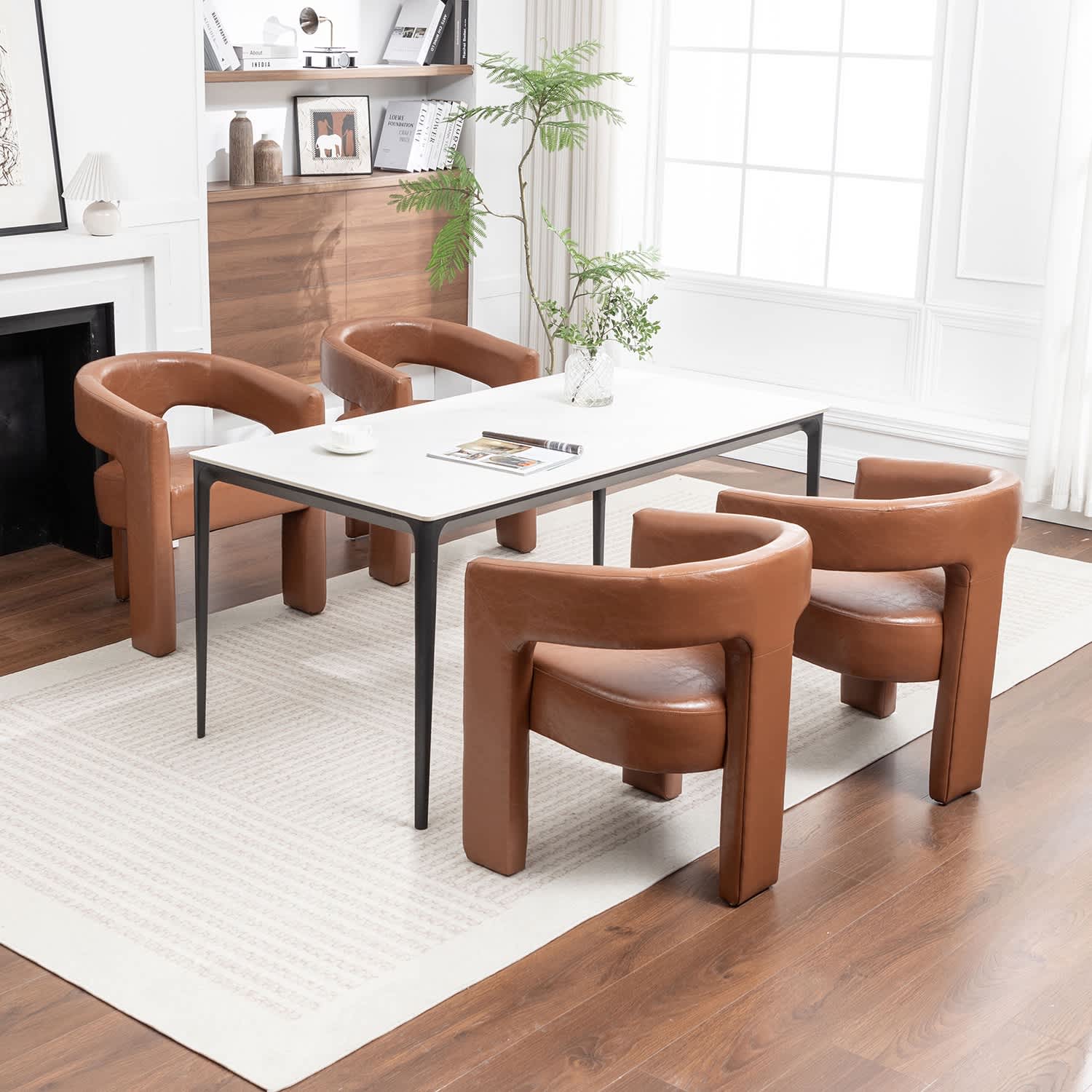 SEYNAR CE709-BROWN-S4 Modern Glam PU Leather Upholstered Dining Chair Open Back Accent Chair Set of 4