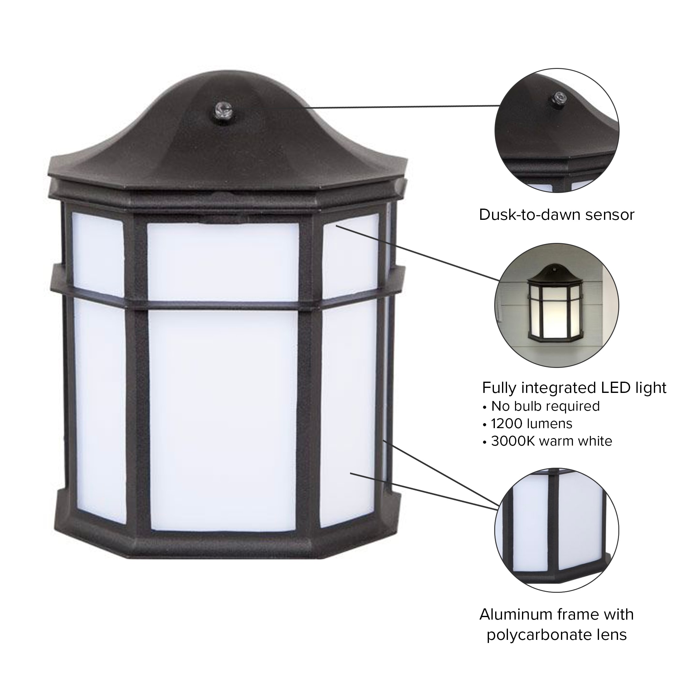 Black Bronze Outdoor LED Wall Sconce with Dusk to Dawn Sensor