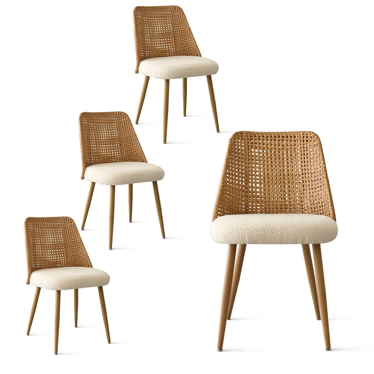 Maison Boucle MILAN-CHAIR-OAK-WH-4 Set of 4 Rattan Dining Chairs with Upholstered Seat and Woven Back for Kitchen or Dining Room