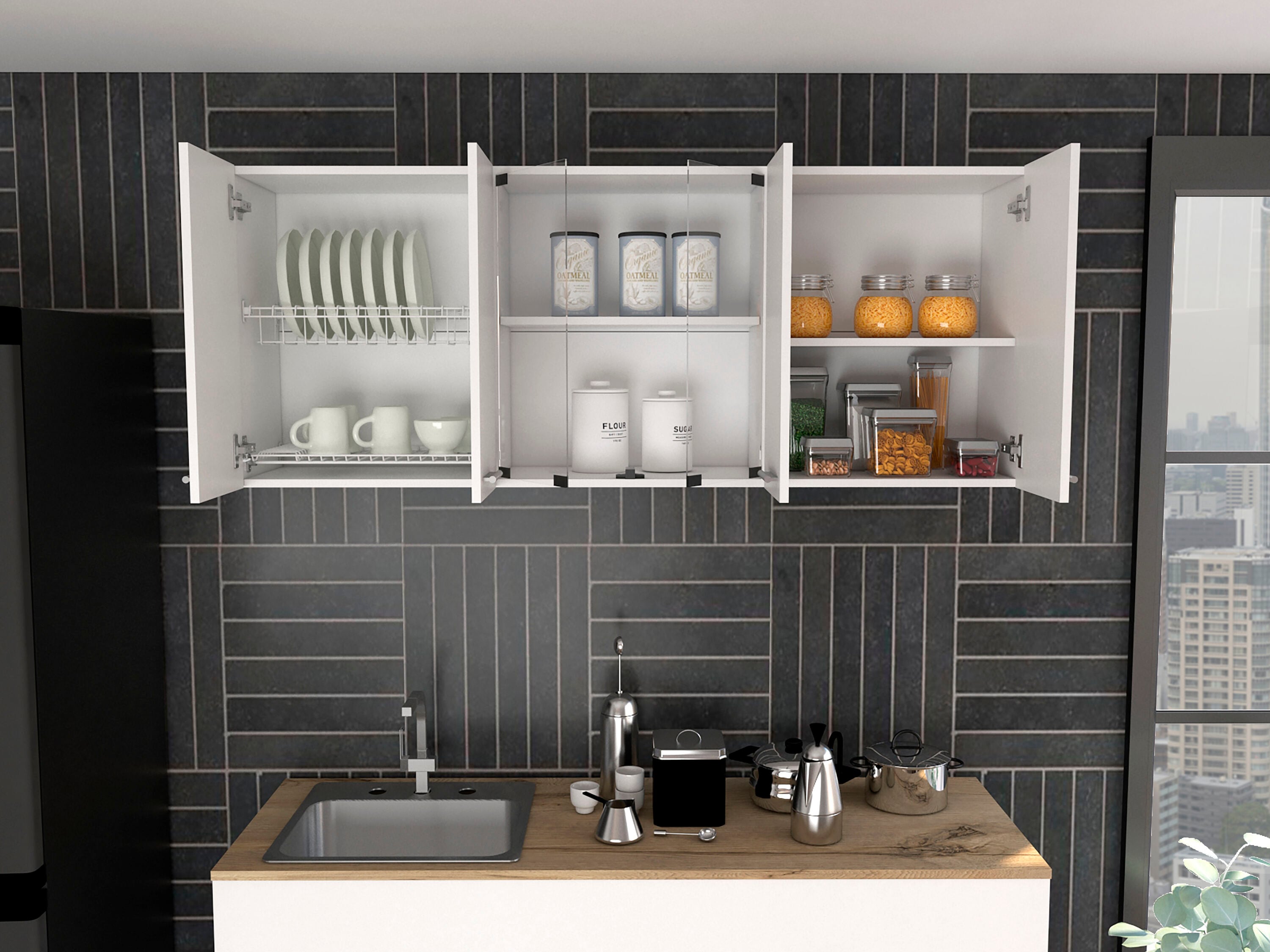 LOVMOR SF-H-B092123035 Modern Kitchen Cabinet with Glass Doors Dish Rack and Metal Handles for Elegant Storage