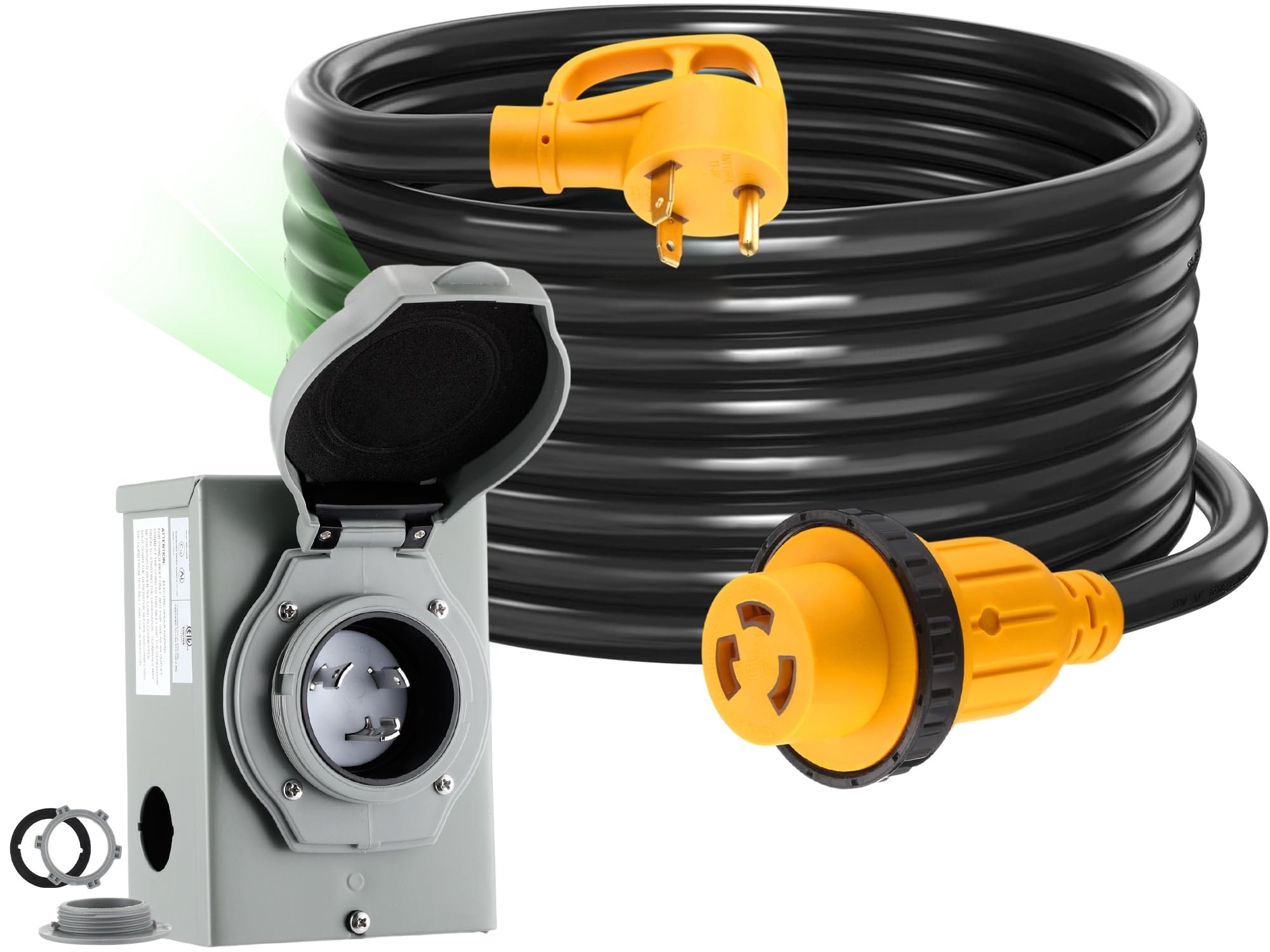 AOIZGMY 25 ft 30 Amp RV Generator Extension Cord Kit TT-30P to L5-30R ETL Listed Power Inlet Box Pre Drilled Locking Plug LED Indicator 1 Set #LAZ0429H79