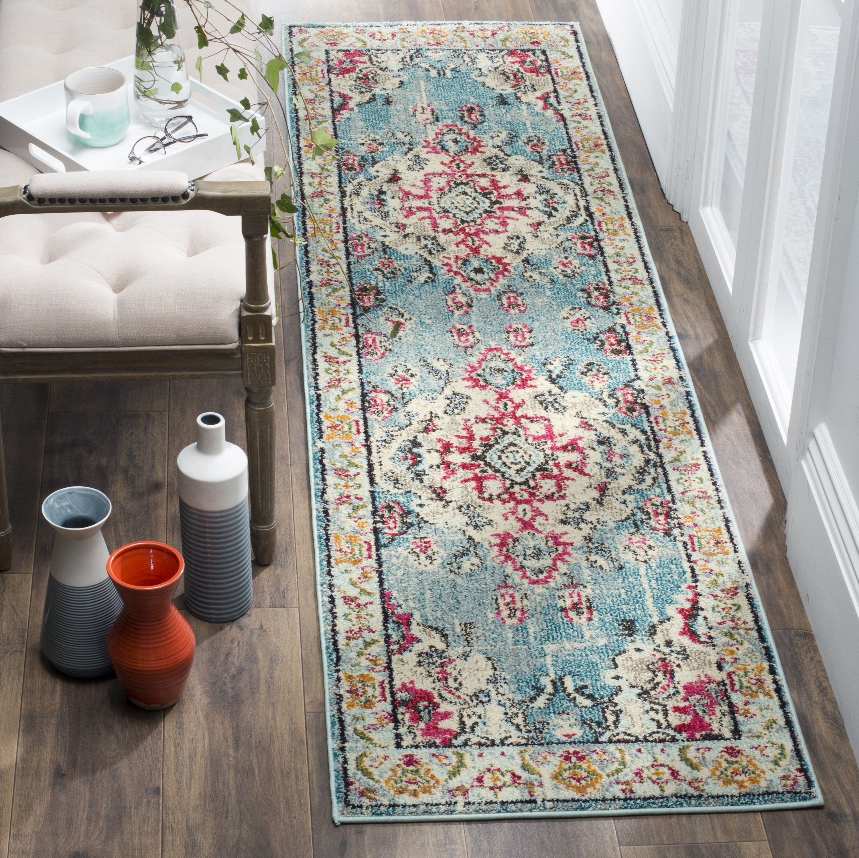 Safavieh MNC243J-216 Monaco Mahal 2 x 16 (ft) Loomed Polypropylene Light Blue/Fuchsia Rectangular Indoor Distressed/Overdyed Oriental Runner rug