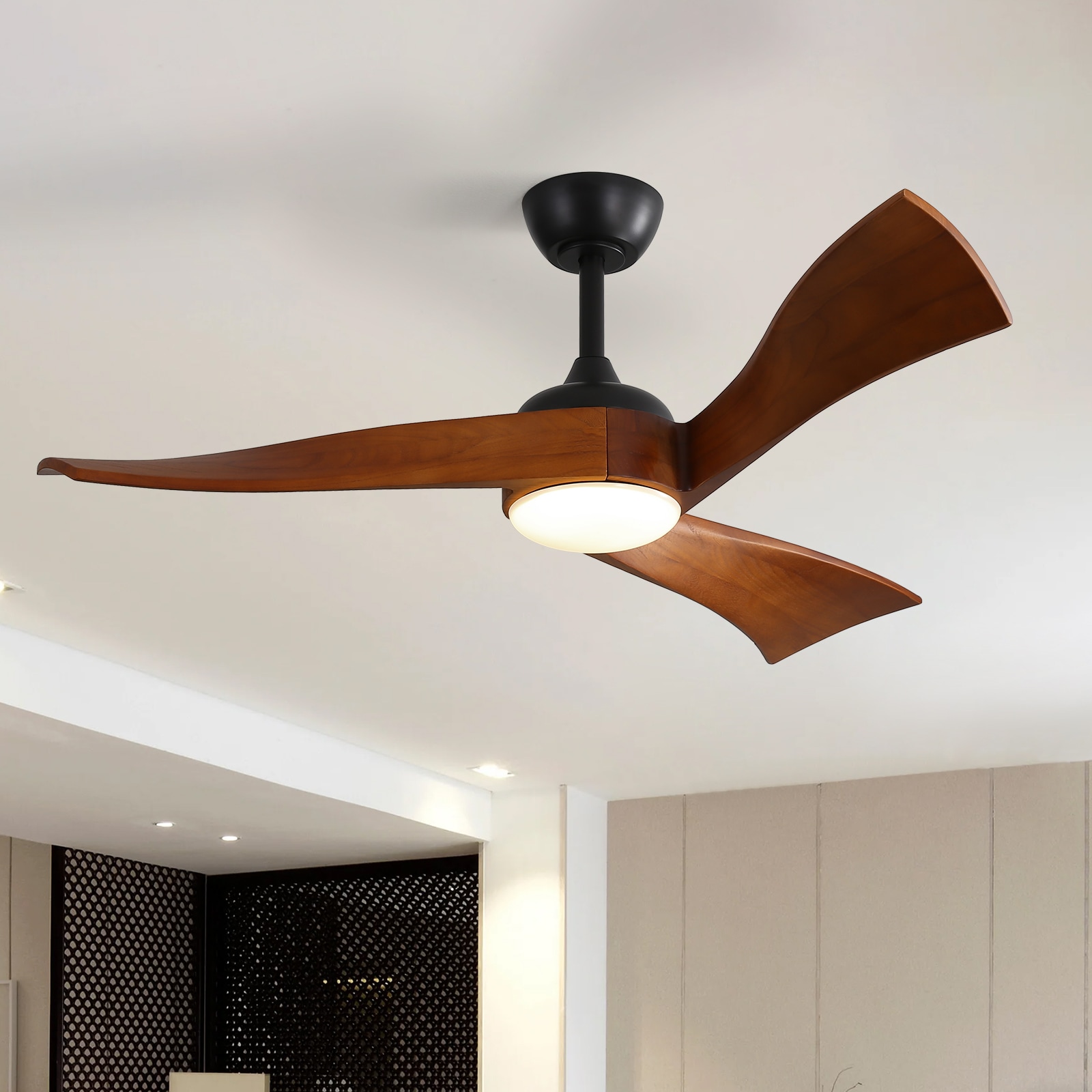Sofucor LS-52K012-BK-HTM-60W 52-in Color-Changing Integrated LED Black with wood Blades Ceiling Fan With Light and Remote ( 3 -Blade )