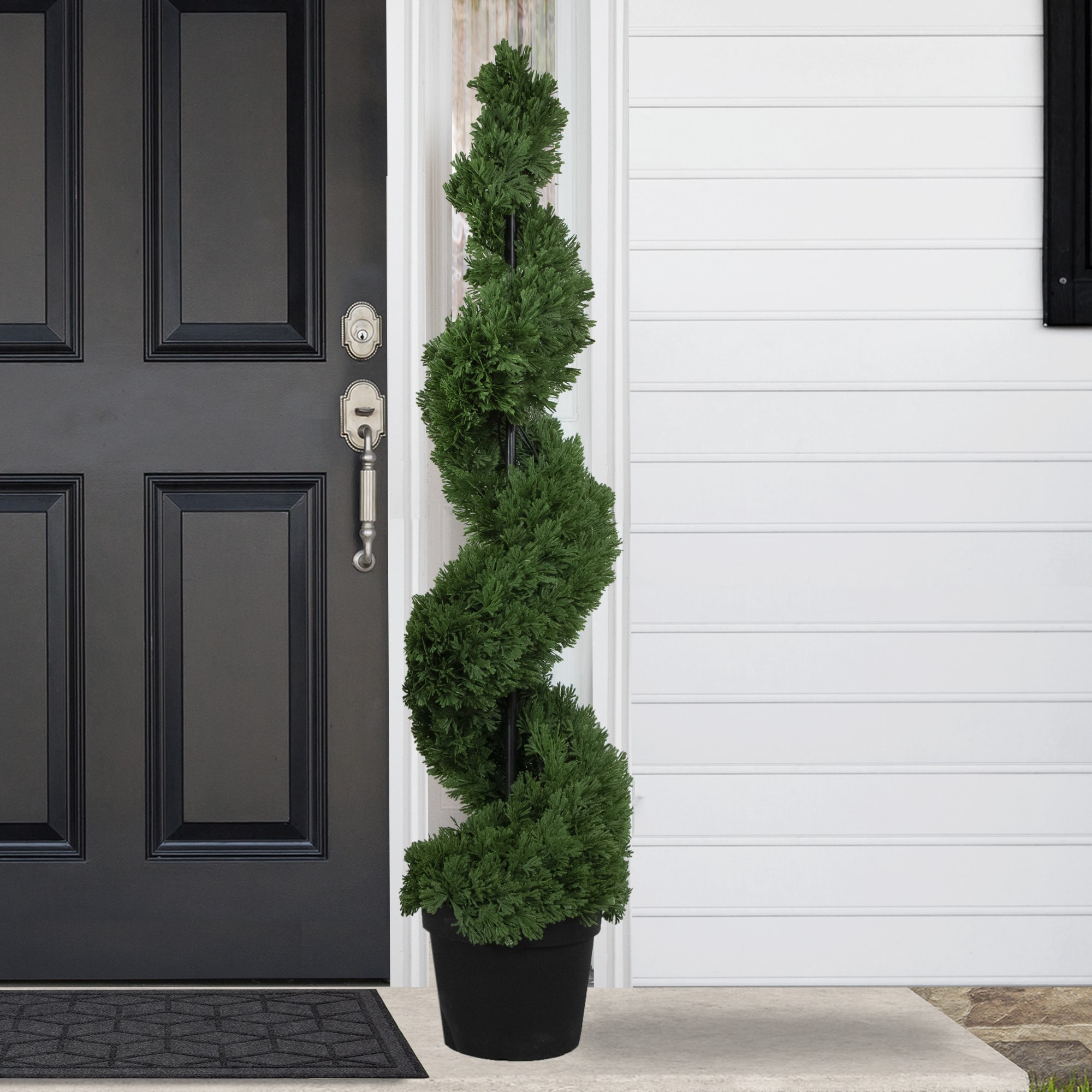 Elegant Cedar Spiral Topiary in Sleek Black Pot, 5' Unlit