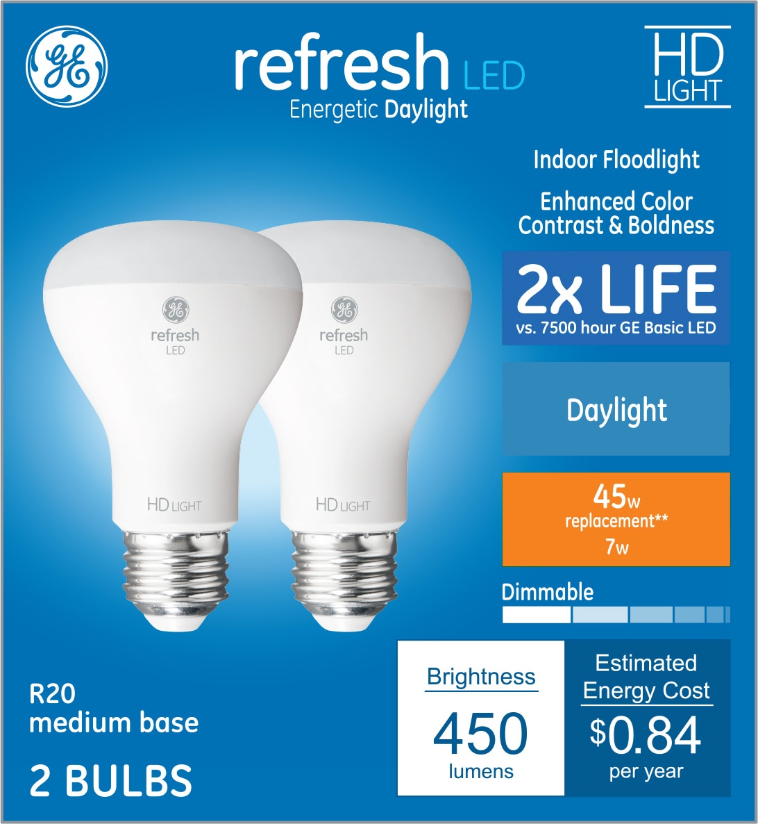 Refresh 45-Watt EQ R20 Daylight Medium Base (E-26) Dimmable LED Light Bulb (2-Pack) | - GE 93128163