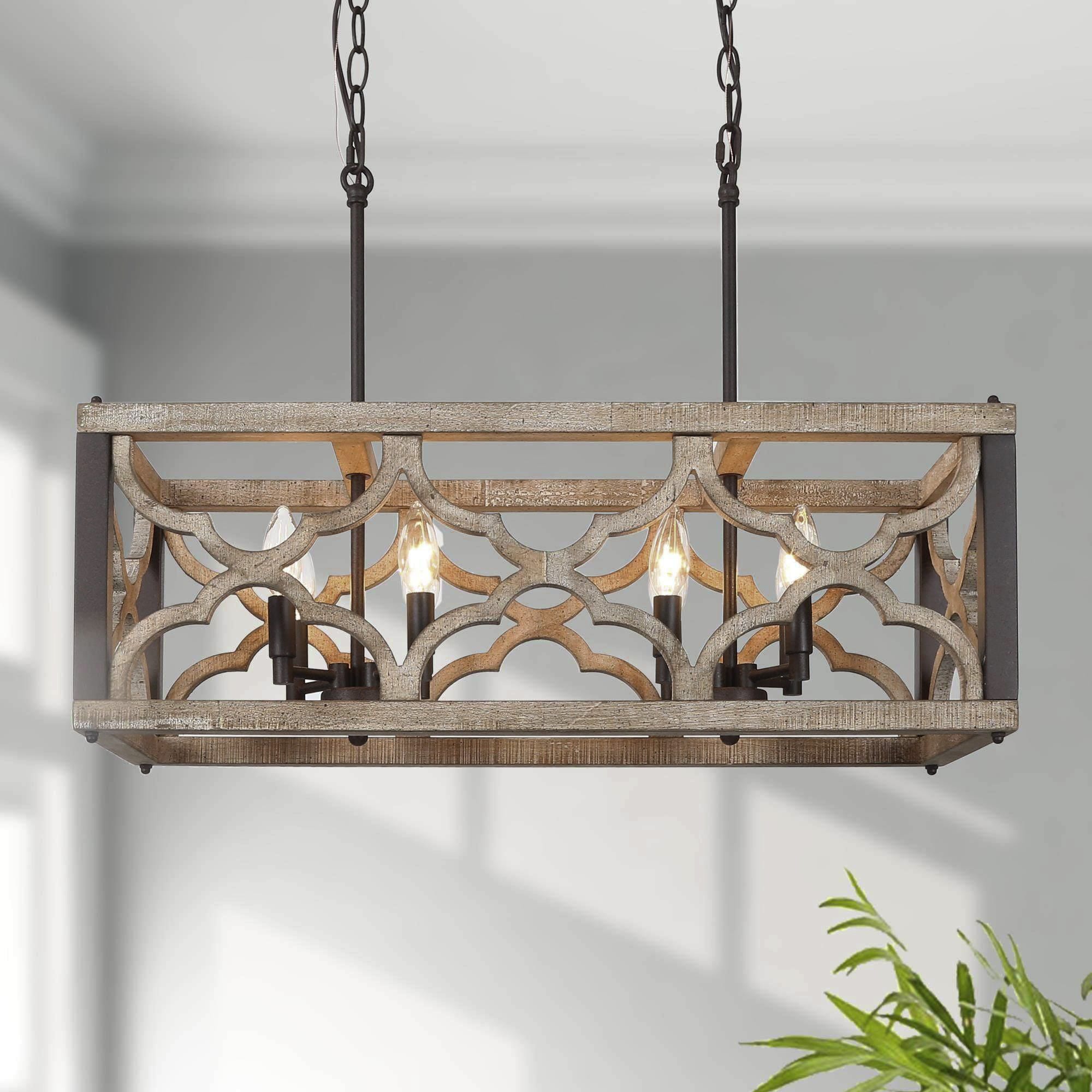 LNC Quaint 8 -Light Rustic Bronze and Distressed Grayish Wood Farmhouse Wood Cage Linear Large Hanging Kitchen Island Light