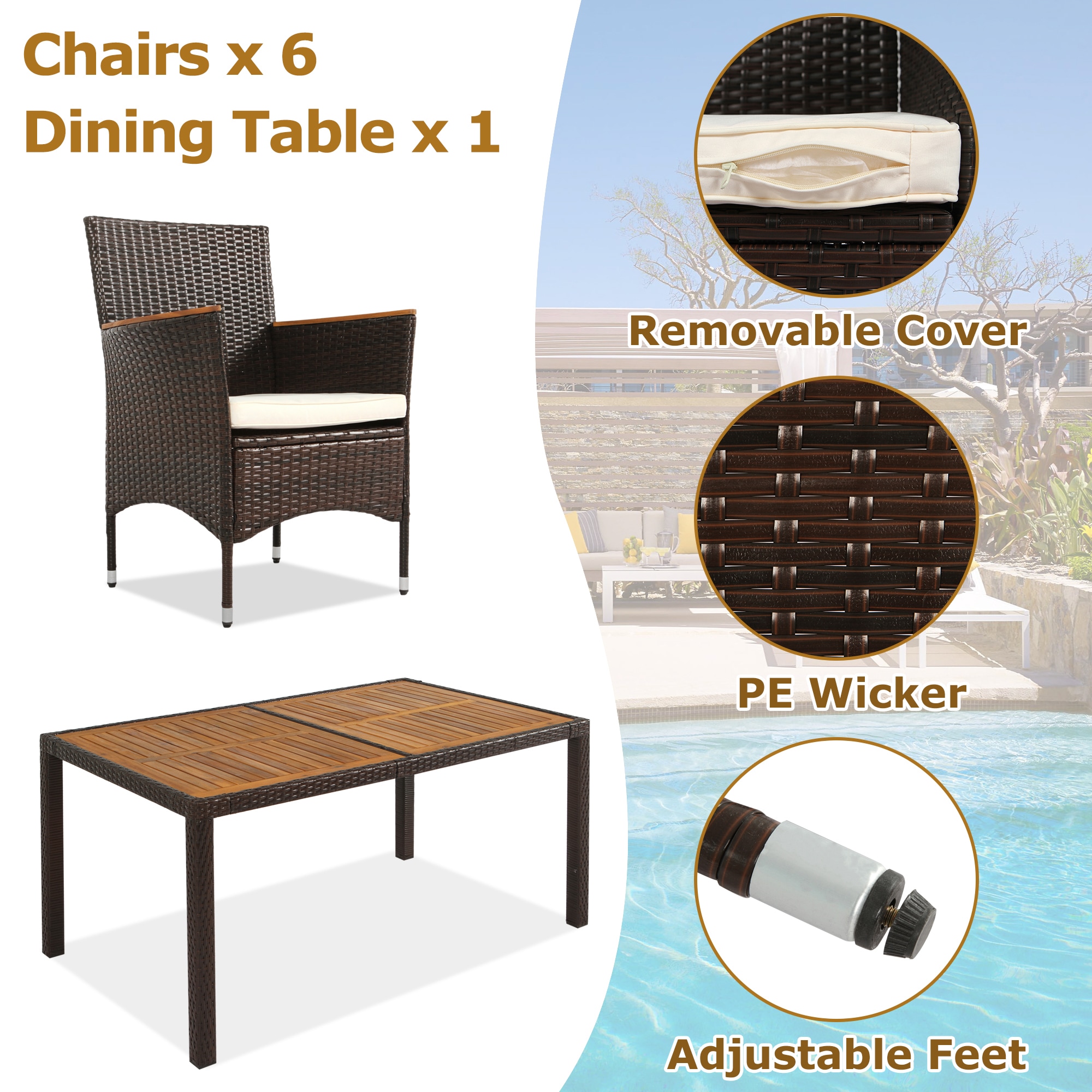 Brown Acacia Wood and Wicker Patio Dining Set with Cushions