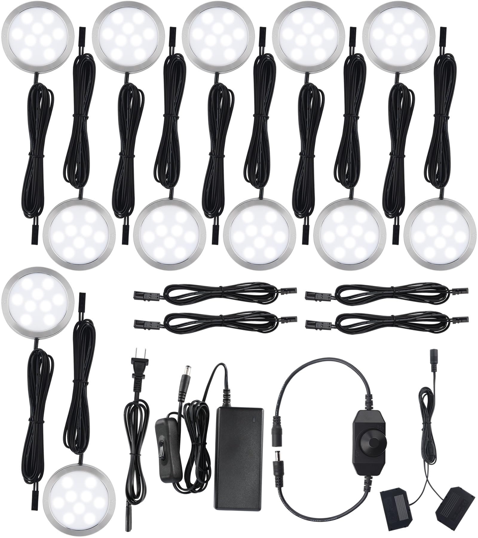 AOIZGMY  LED Puck Lights Kit for Under Cabinet Lighting with Rotary Dimmer Switch Plug in and Hardwired 120V AC to DC12V Black Cords 12 Lights