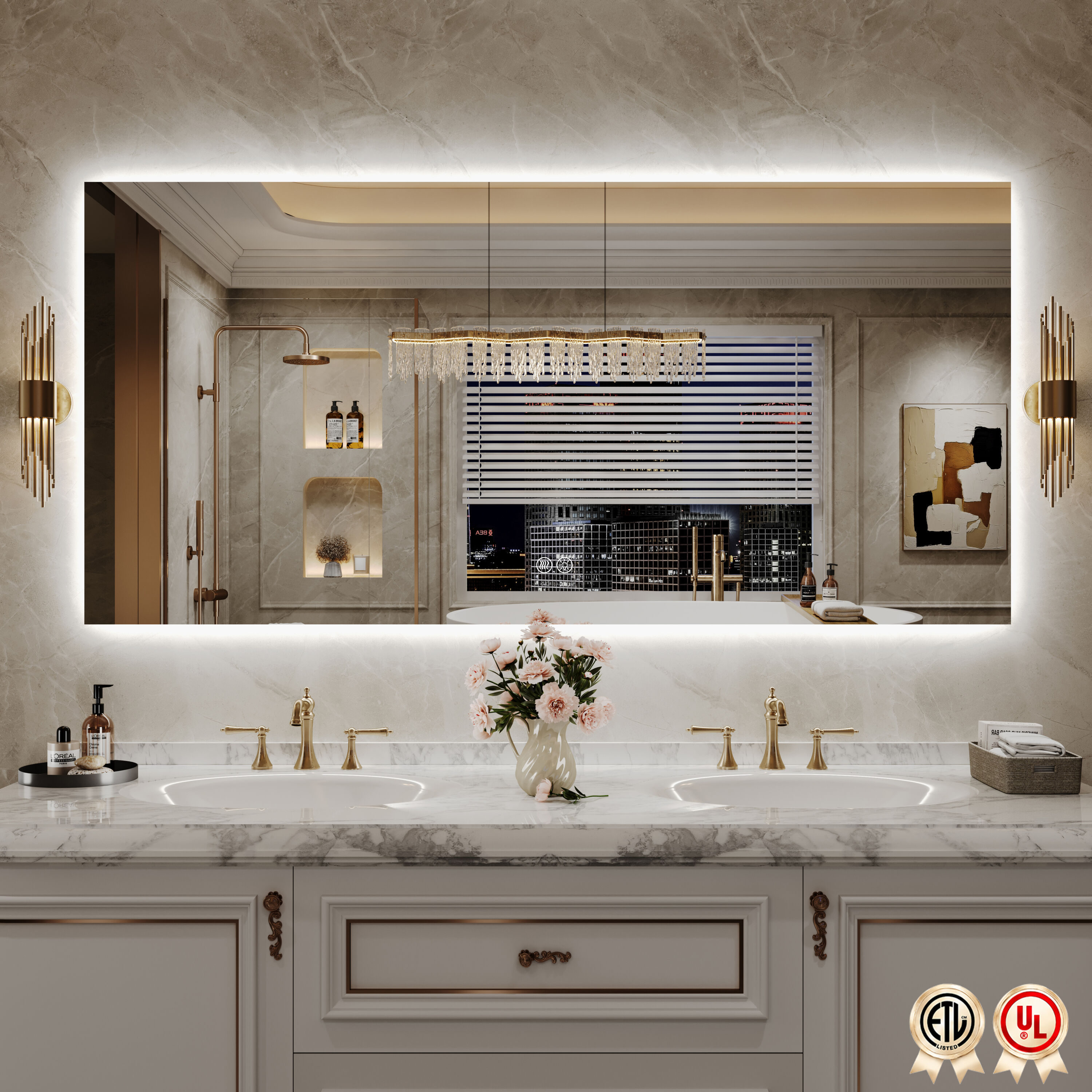 YQP 60-in W x 28-in H UL Certified Anti-Fog Backlit Frameless LED Bathroom Wall Mirror with Tempered Glass