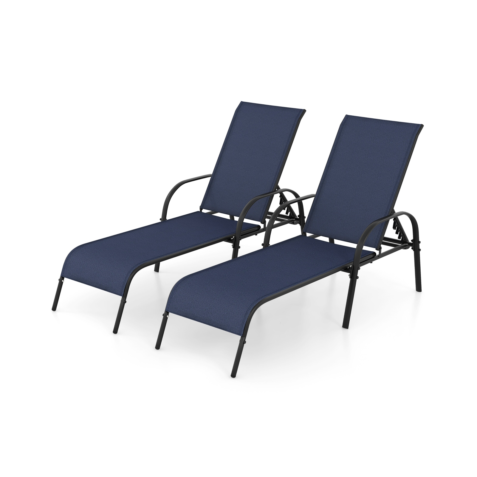 Forclover HYFE-70530 Patio Chaise Lounge Set of 2 Black Steel Frame Stationary Chaise Lounge Chair with Blue Solid Seat