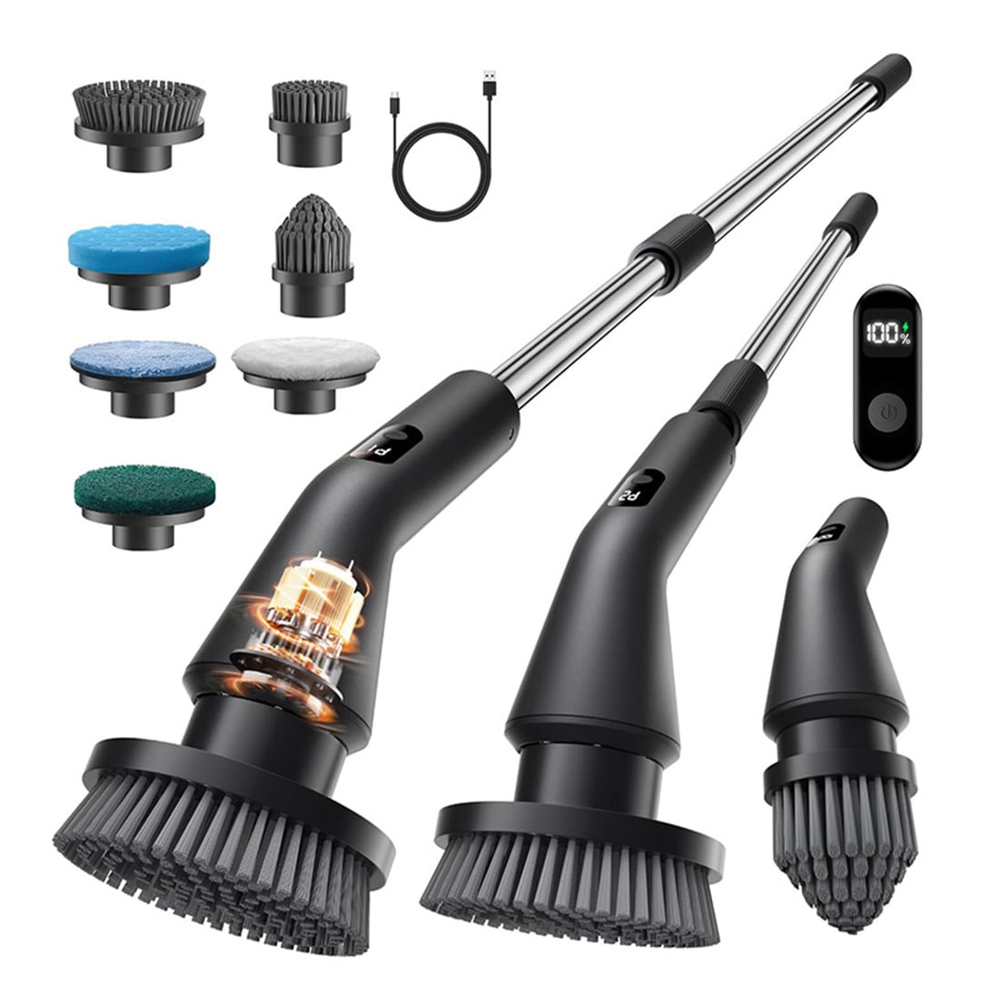 Etokfoks  Electric Spin Scrubber with 30W Motor 7 Replaceable Brush Heads 12 50 in Adjustable Handle IPX7 Waterproof
