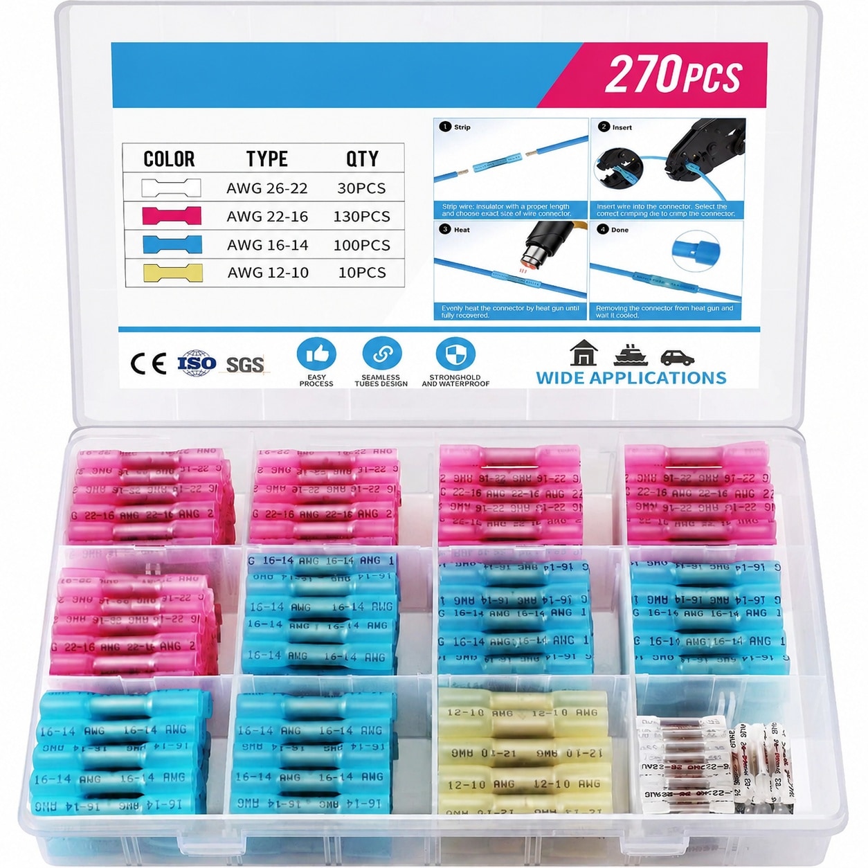 Aoibox 270 pc Heat Shrink Butt Connectors Kit Waterproof Insulated ...