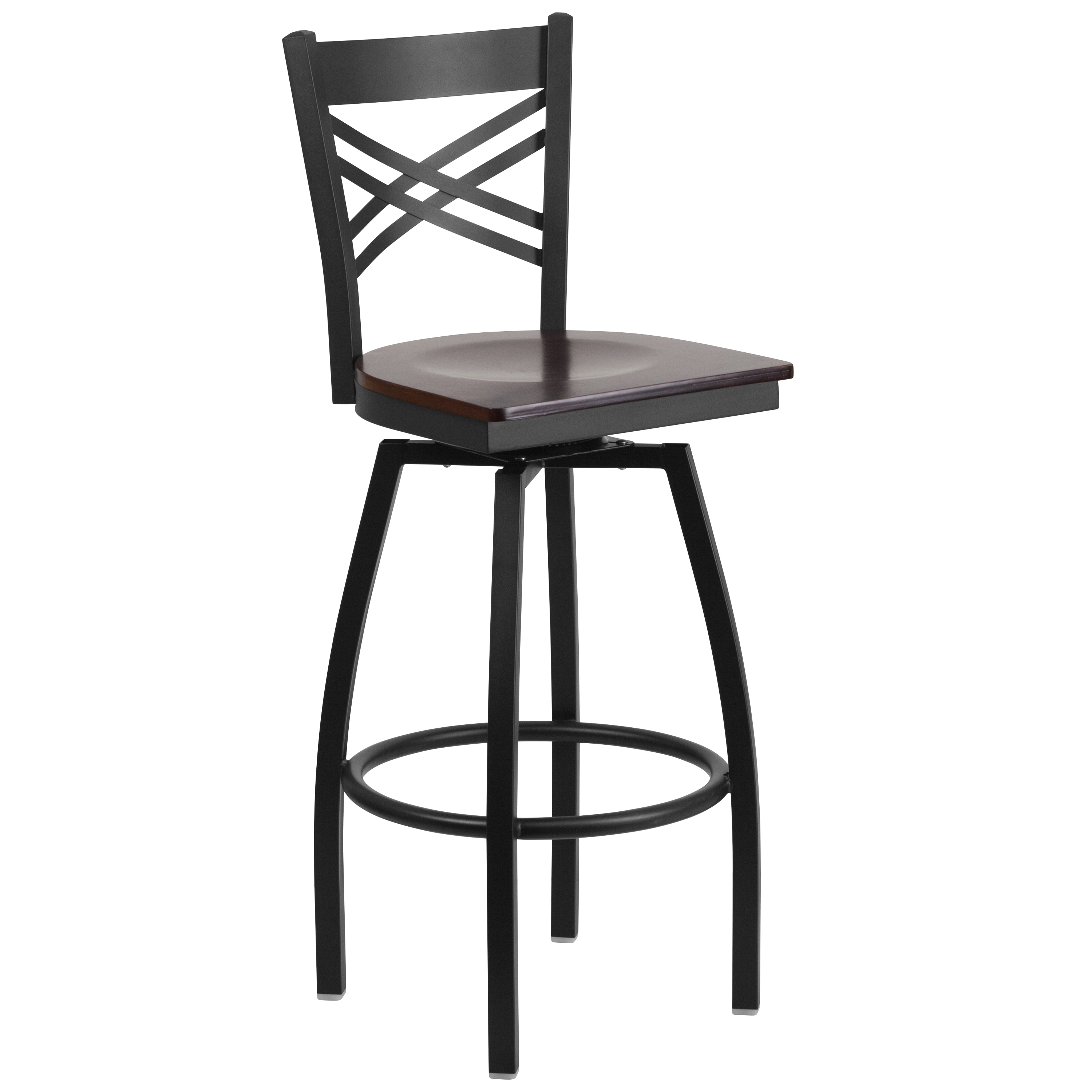 Flash Furniture 889142025214 Walnut Wood Seat/Black Metal Frame 30.25-in H Bar height Square seat Swivel Metal Bar Stool and Back