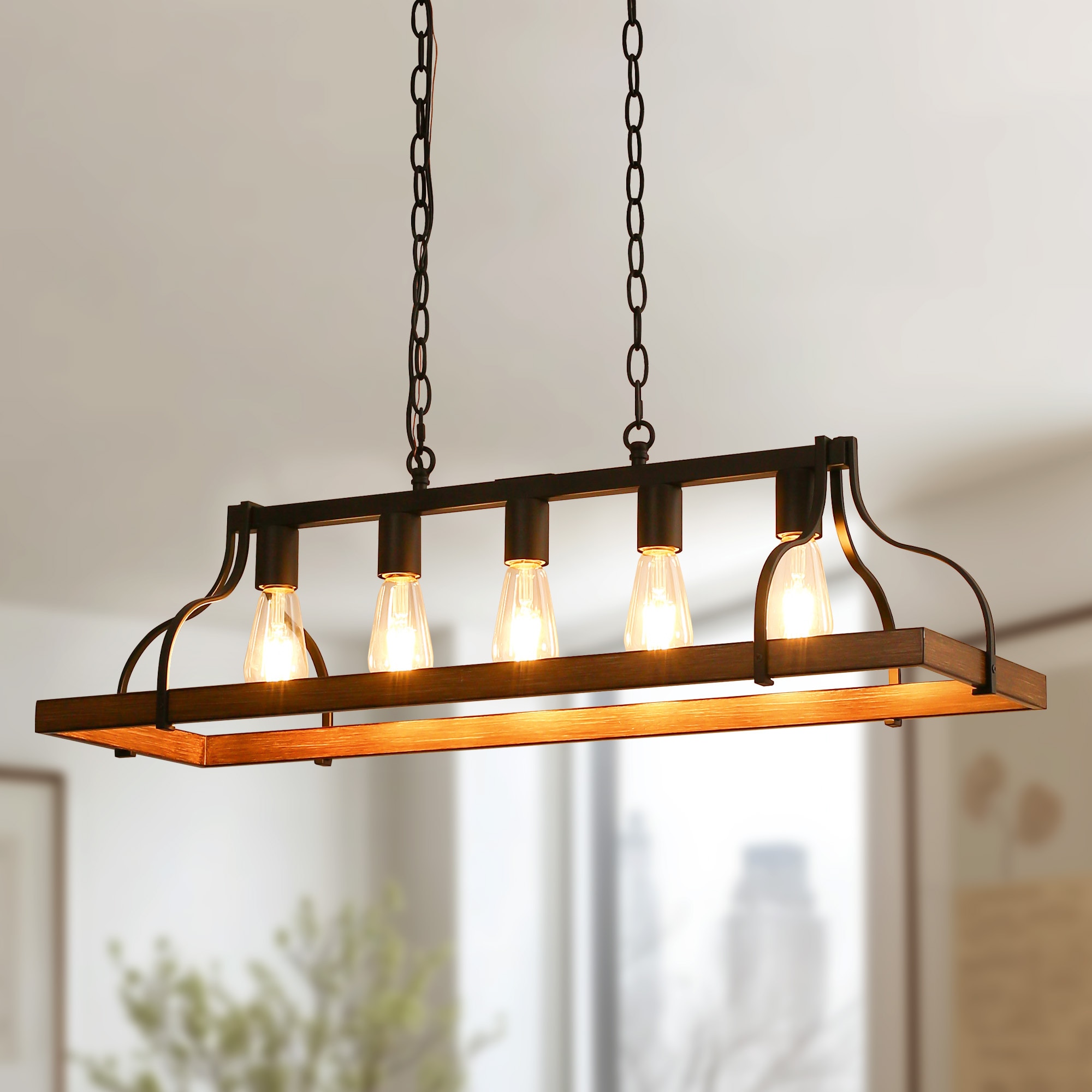 DORESshop Rustic 5 Light Kitchen Island and Dining Room Light Farmhouse Linear Chandelier with Black and Brown Wood Finish