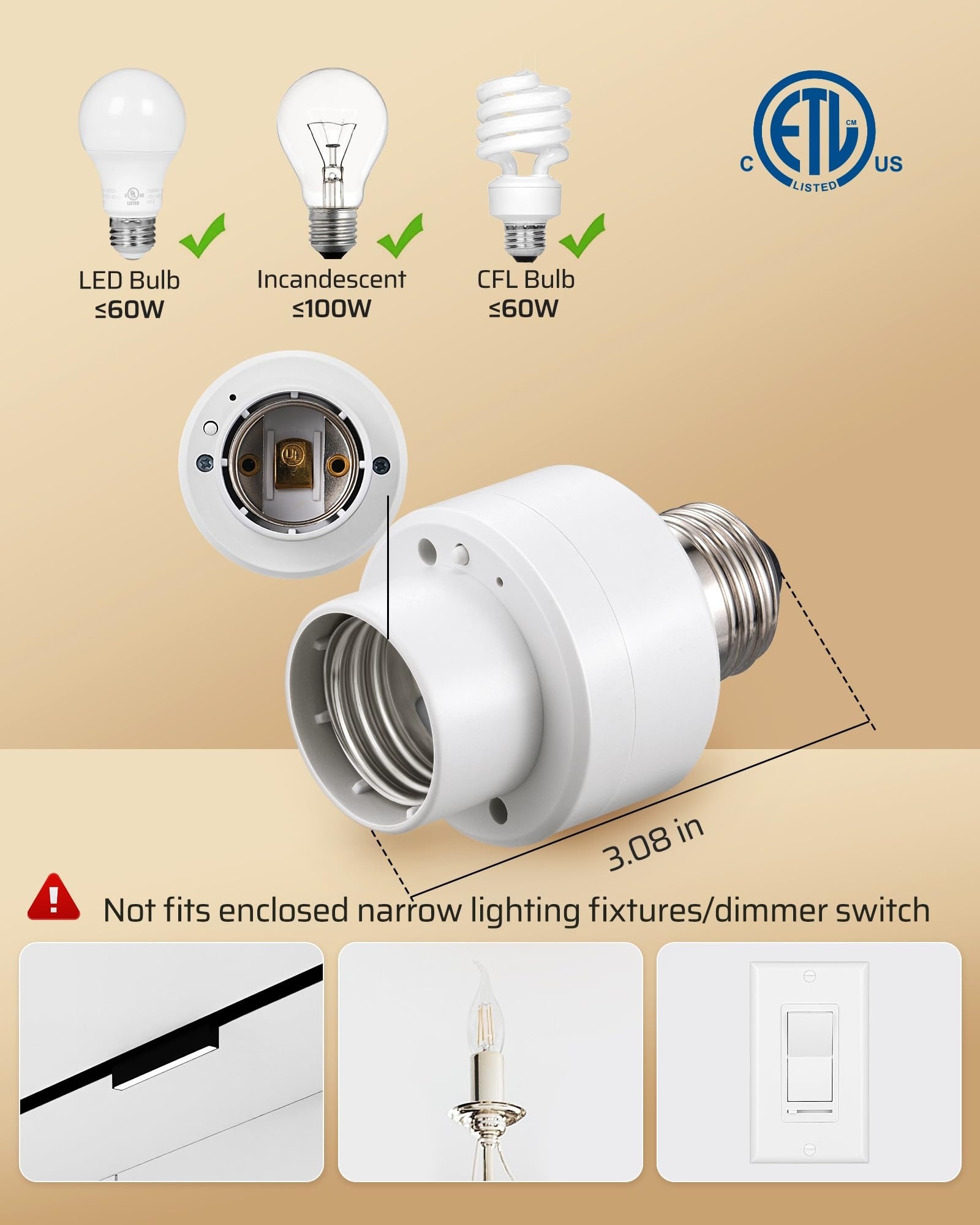 Aoibox  Remote Control Light Socket Adapter with 2 Wall Switches 100 ft RF Range E26 E27 Screw In No Wiring