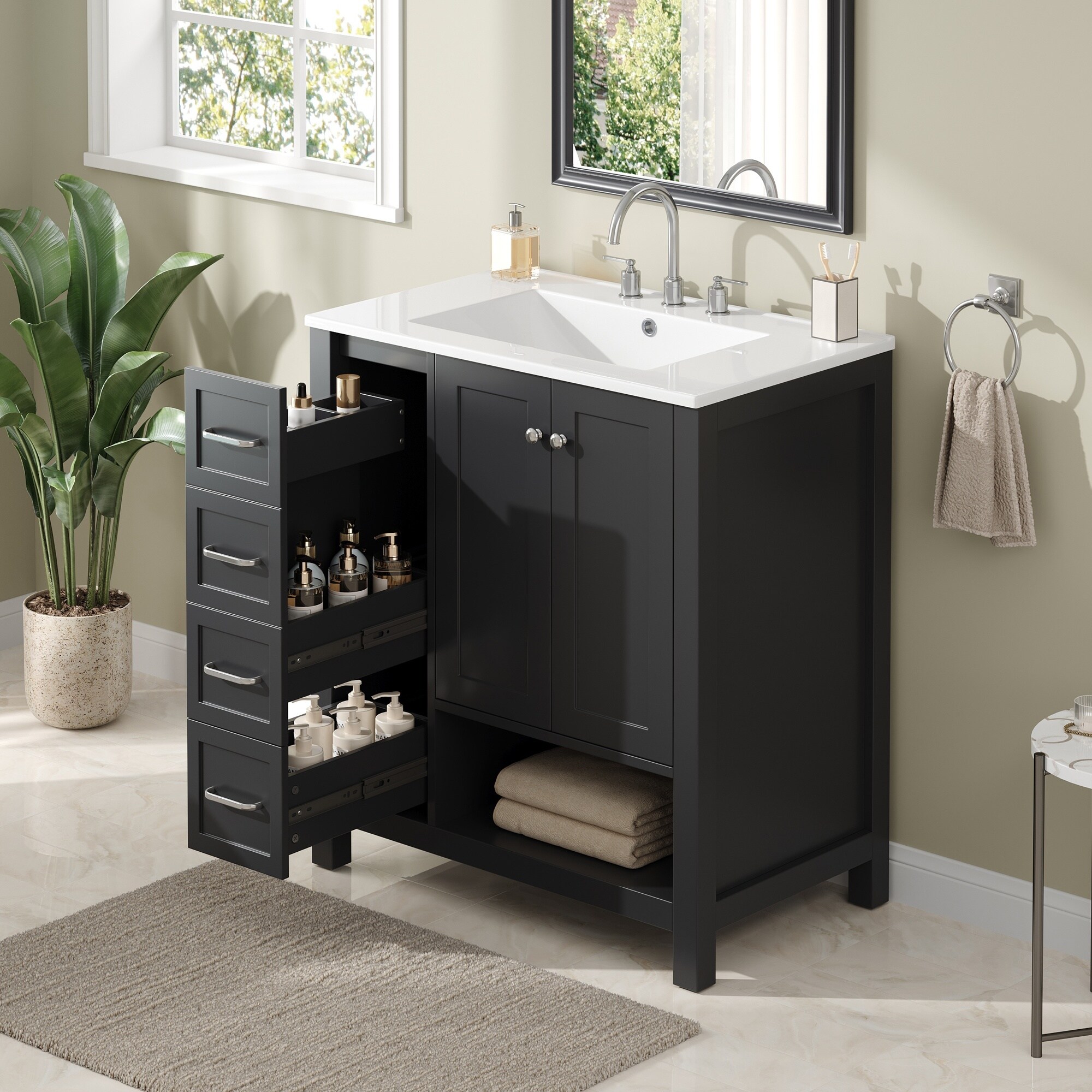 LIVACA 30 inch Black Painted Finish Solid Wood and MDF Bathroom Vanity with Ceramic Sink Top with Two Doors and Two Drawers