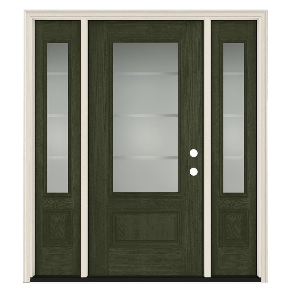 JELD-WEN LOWOLJW231900033 Crosslines 64-in x 80-in Fiberglass 3/4 Lite Left-Hand Inswing Juniper Stained Prehung Front Door with Sidelights with Brickmould Insulating Core