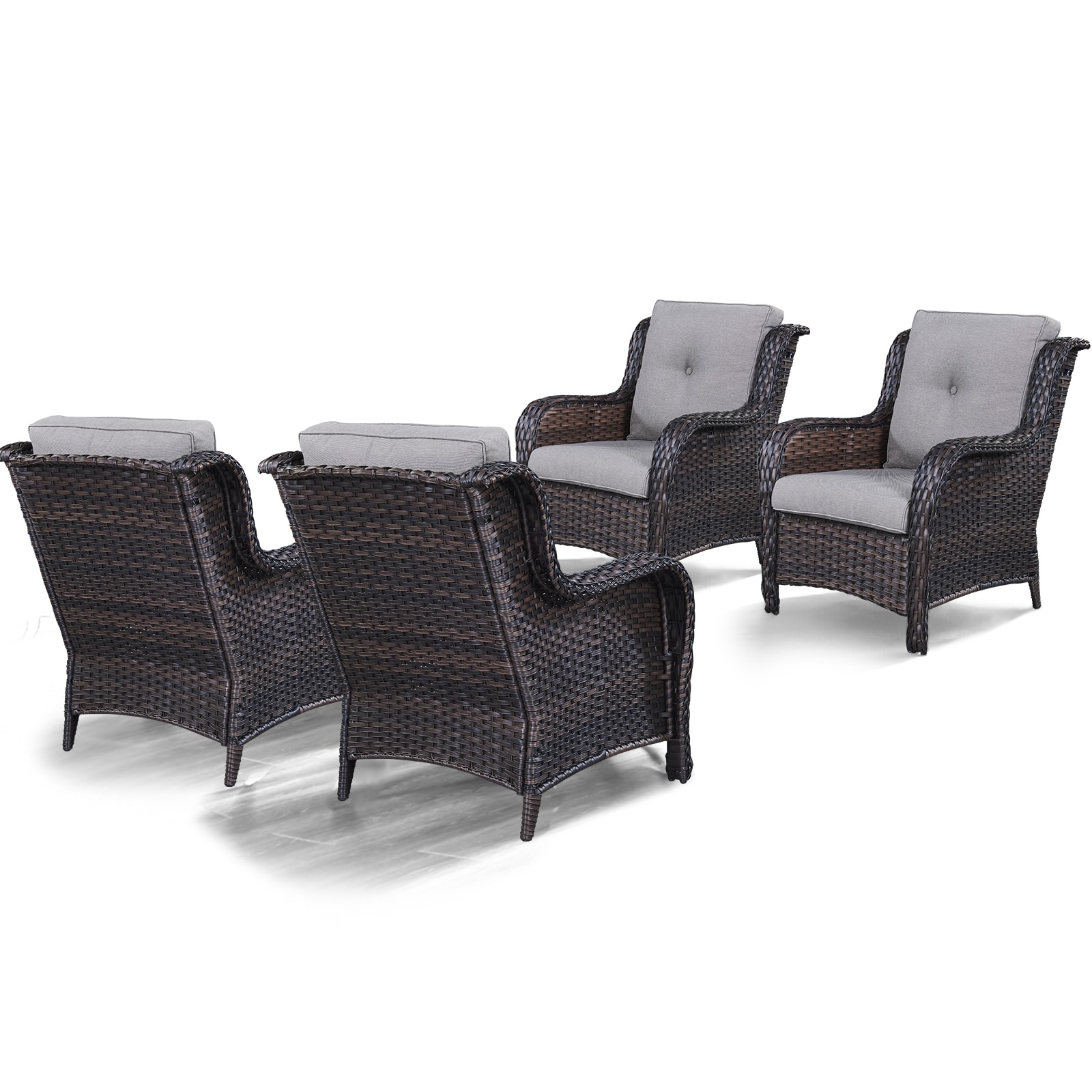 Rilyson FS006-3X2 Curved armrest Set of 4 Wicker Brown Wicker Frame Stationary Conversation Chair with Gray Gray Cushioned Seat