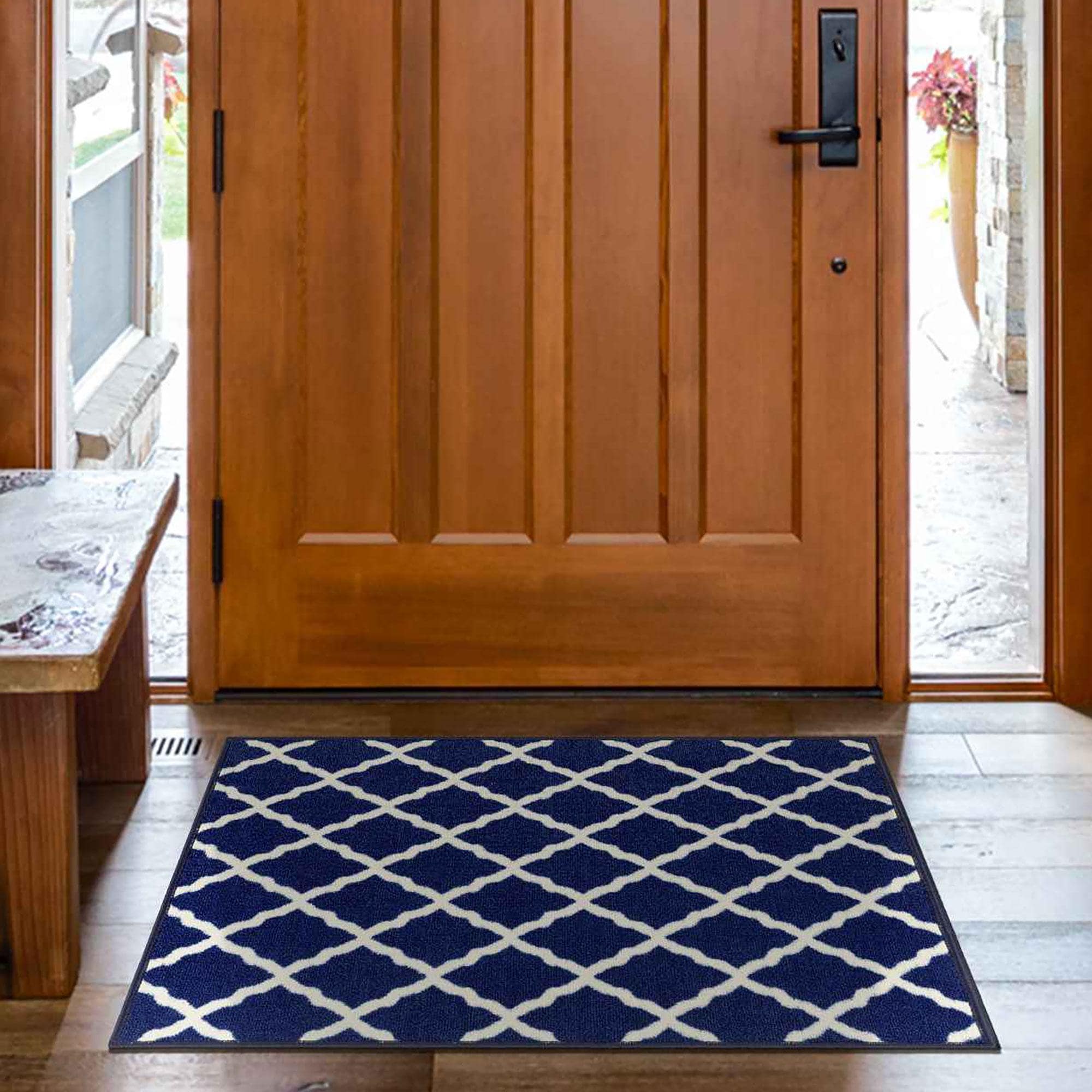 Ottomanson CRM8086-2X3 Non-Slip Entryway Rug 2 x 3 (ft) Loomed Nylon Navy Rectangular Indoor Trellis Moroccan Area rug