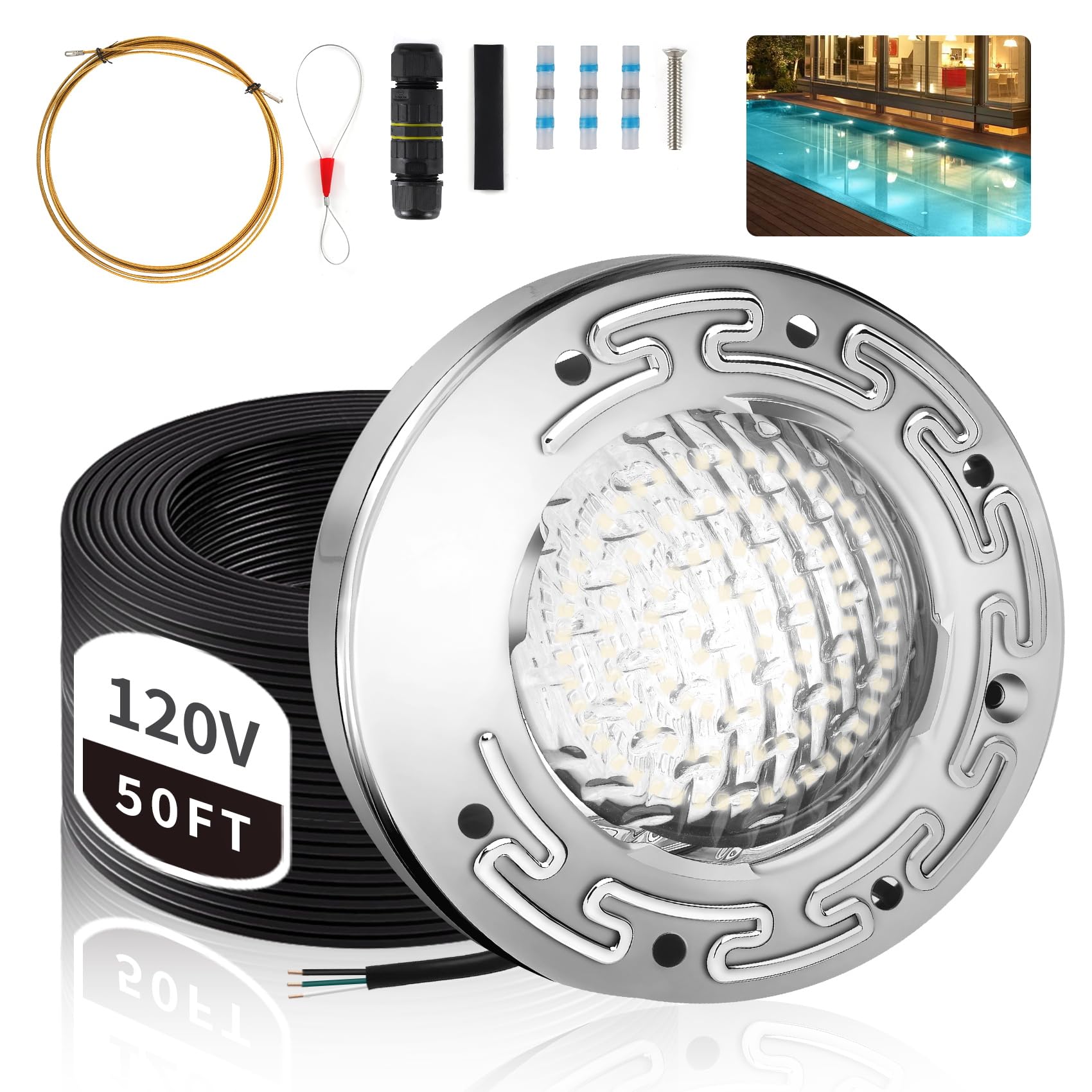 Adrinfly  6 Inch LED Underwater Spa Light for Inground Pool 50FT AC120V 6000K White IP68 Waterproof Stainless Steel Housing Includes