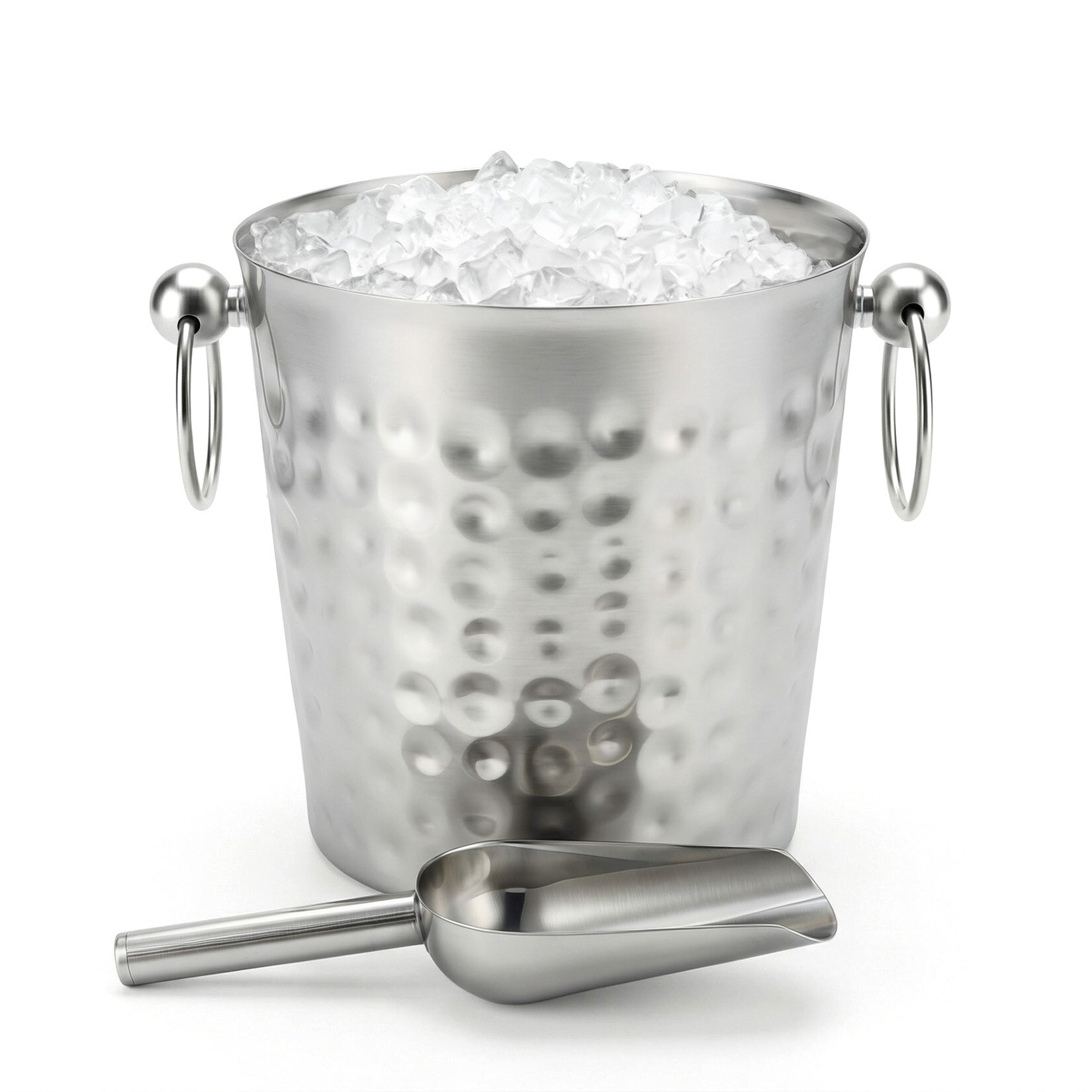 IdealHouse Double-Walled Insulation Ice Bucket 3L - Hammered Stainless Steel - Leak-Proof Non-Sweat - Includes Lid and Scoop - Perfect for Parties Wine and Champagne Chilling - Bar and Kitchen Accessory - Silver
