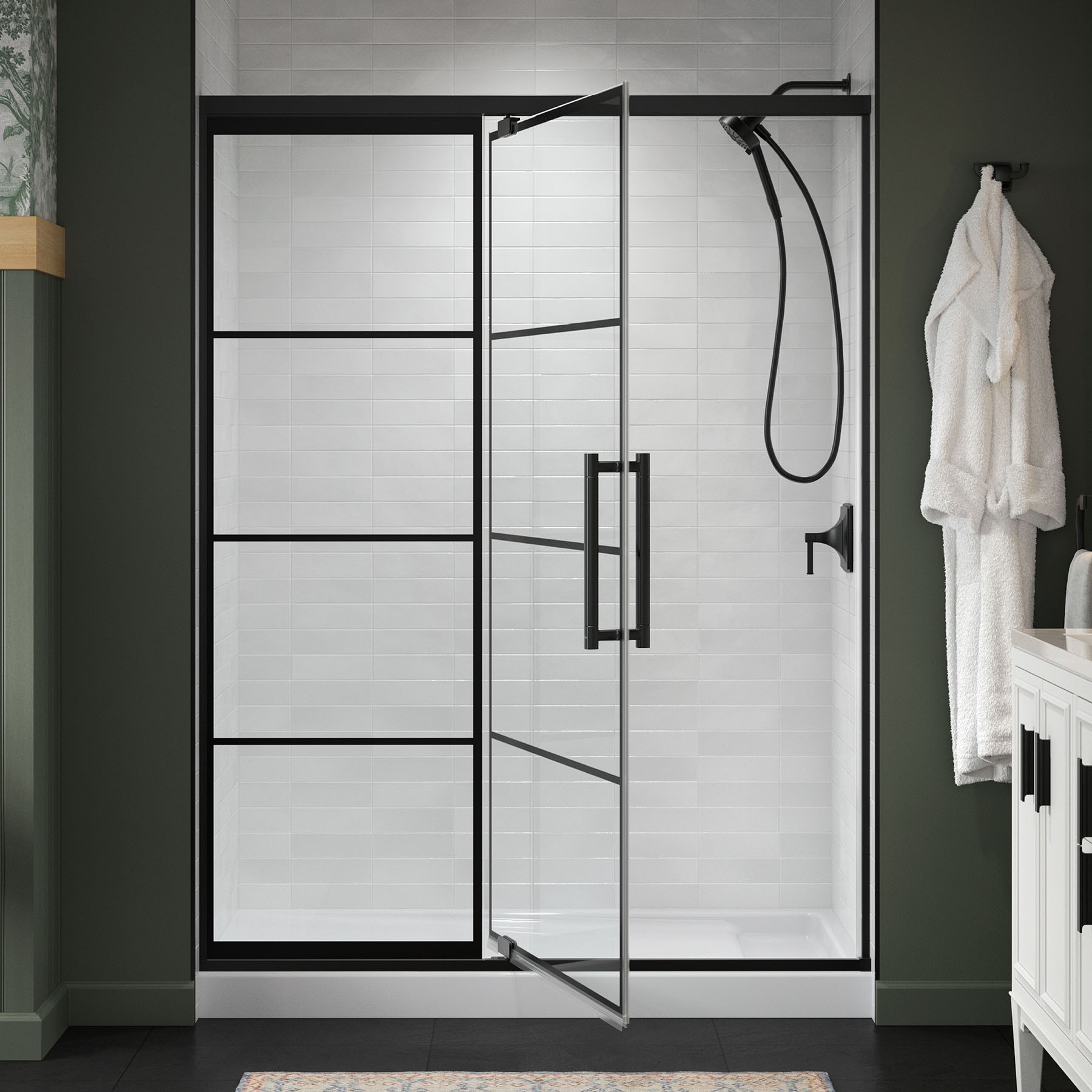 KOHLER 702477-8G79-BL Premise Matte Black 55-5/8-in to 59-5/8-in W x 76.06-in H Frameless Pivot Soft Close Shower Door 5/16-in Thick Clear Glass