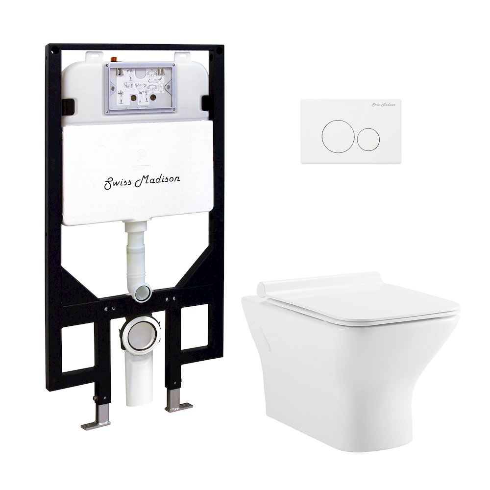 Swiss Madison - Wall-Hung Toilet Bundle 0.8/1.6 GPF Dual Flush Glossy White White Flush Plate