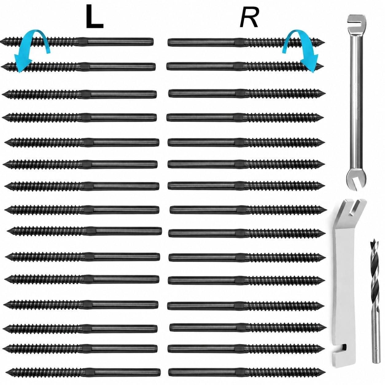 Lukvuzo  Black T316 Stainless Steel Left Right Hand Thread Swage Lag Screws for Wood Post Cable Railing Kit 30 pack with Wrenches Drill Bit DIY