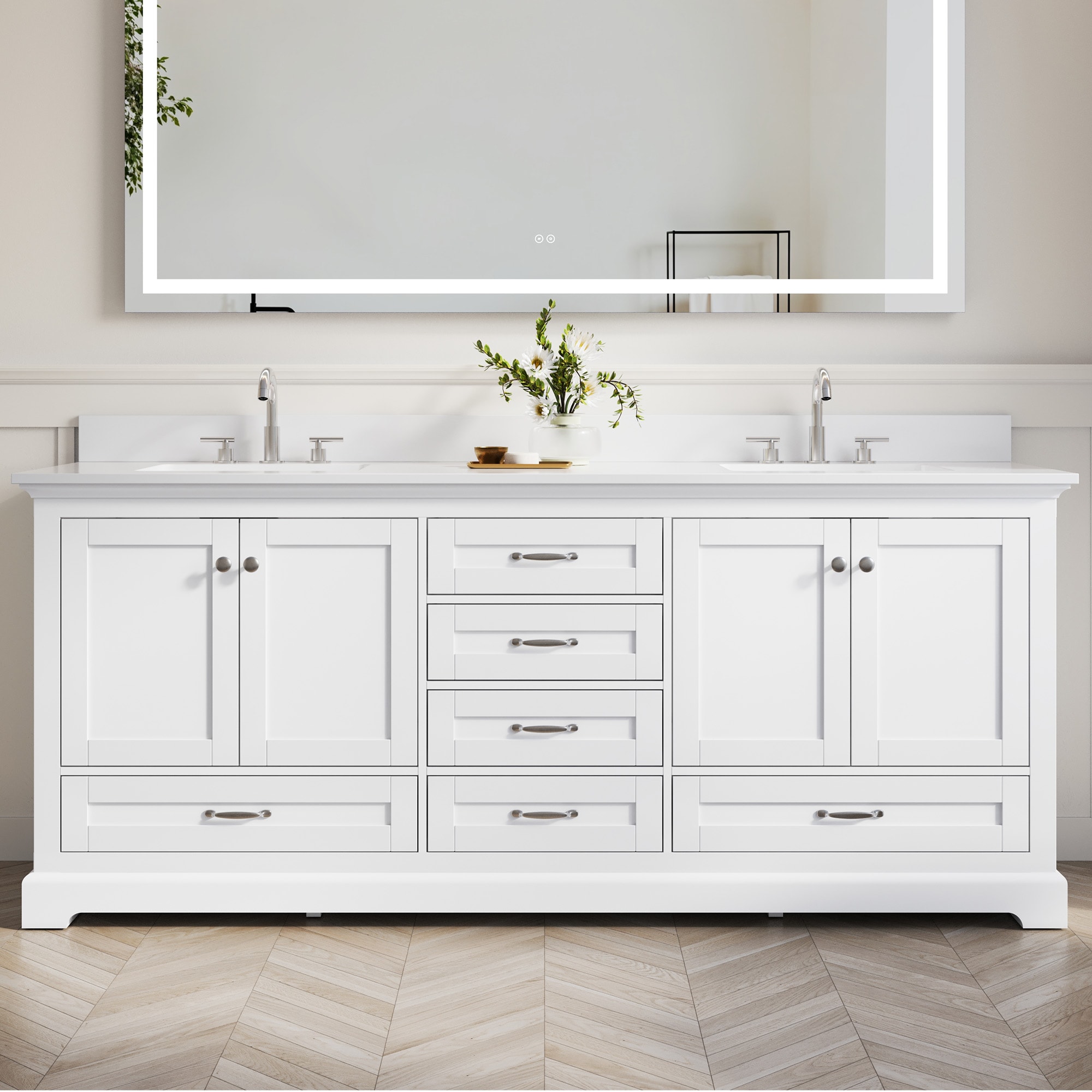 WELLFOR LVD80DA-80CMWT YC Solid Wood Bathroom Vanities with Top 80-in White Undermount Double Sink Bathroom Vanity with White Cultured Marble Top (Fully Assembled)