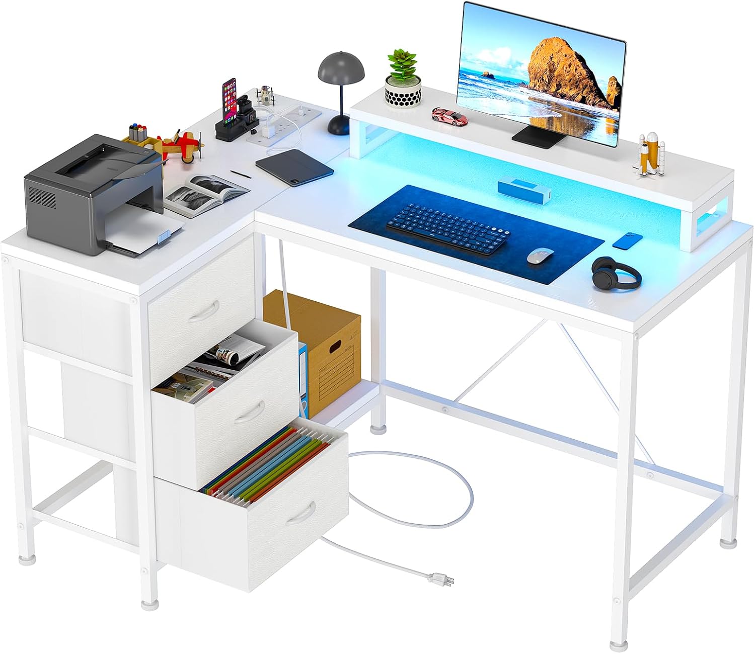 GAOMON - 47-in W L-Shaped Computer Desk with 4 Power Outlets 2 USB Ports LED Lights 3 Drawers and...