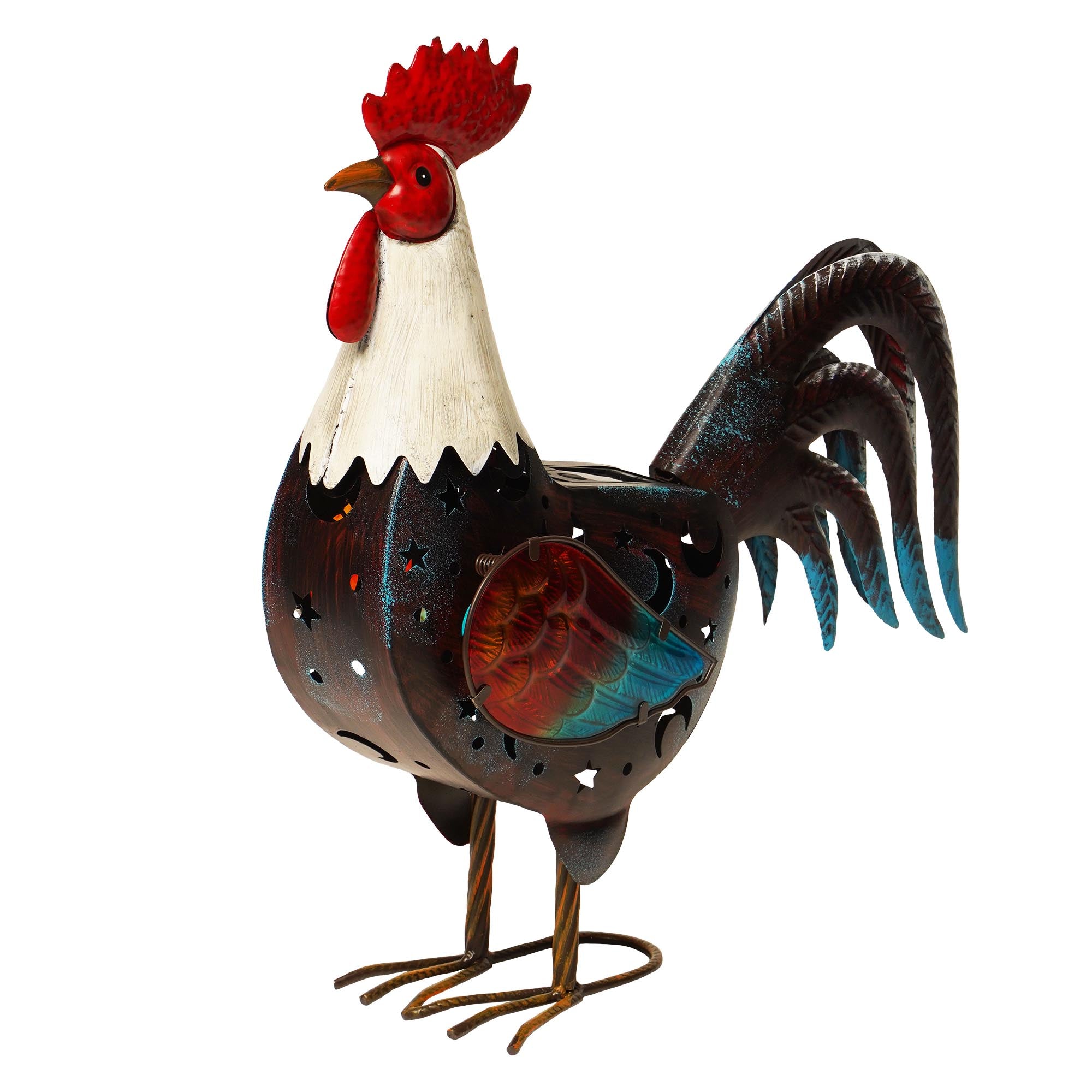 G128 - 18-in H x 17.5-in W Multicolor Solar Metal Farmhouse Rooster Garden Statue