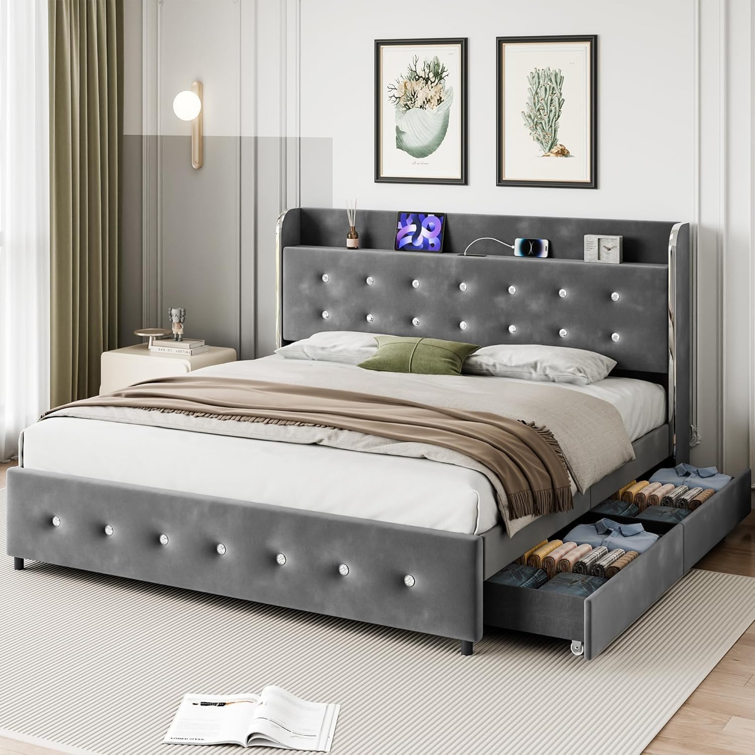 Qeetex LHF-BED-PHO-15H029BZ Queen Bed Frame with Storage Headboard and Charging Station Velvet Upholstered Queen Platform Bed Frame with 4 Drawers and Wooden Slat Support Noise Grey