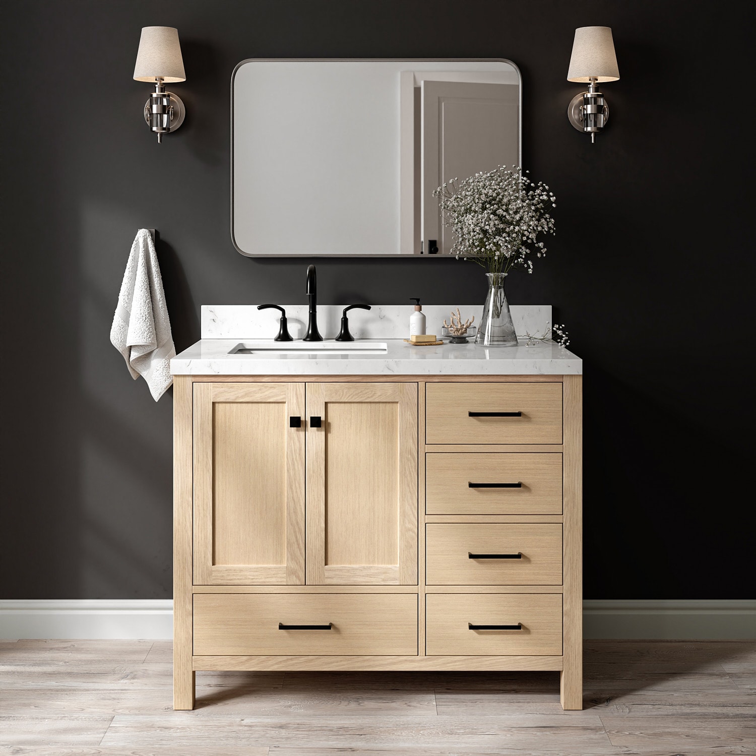 ARIEL A042SLCQRVOWOA Cambridge 42-in Oak Undermount Single Sink Bathroom Vanity with Carrara White Quartz Quartz Top